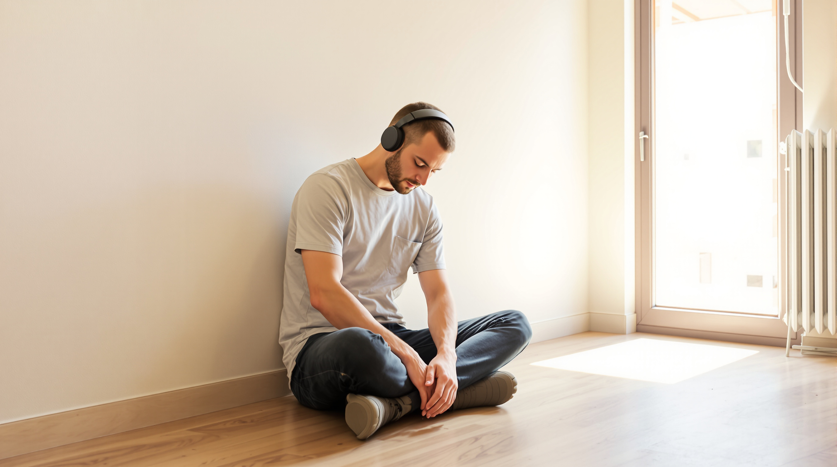 A man in a grey t-shirt sitting cross-legged on a wooden floor against a pale wall wearing black over-ear headphones, eyes closed