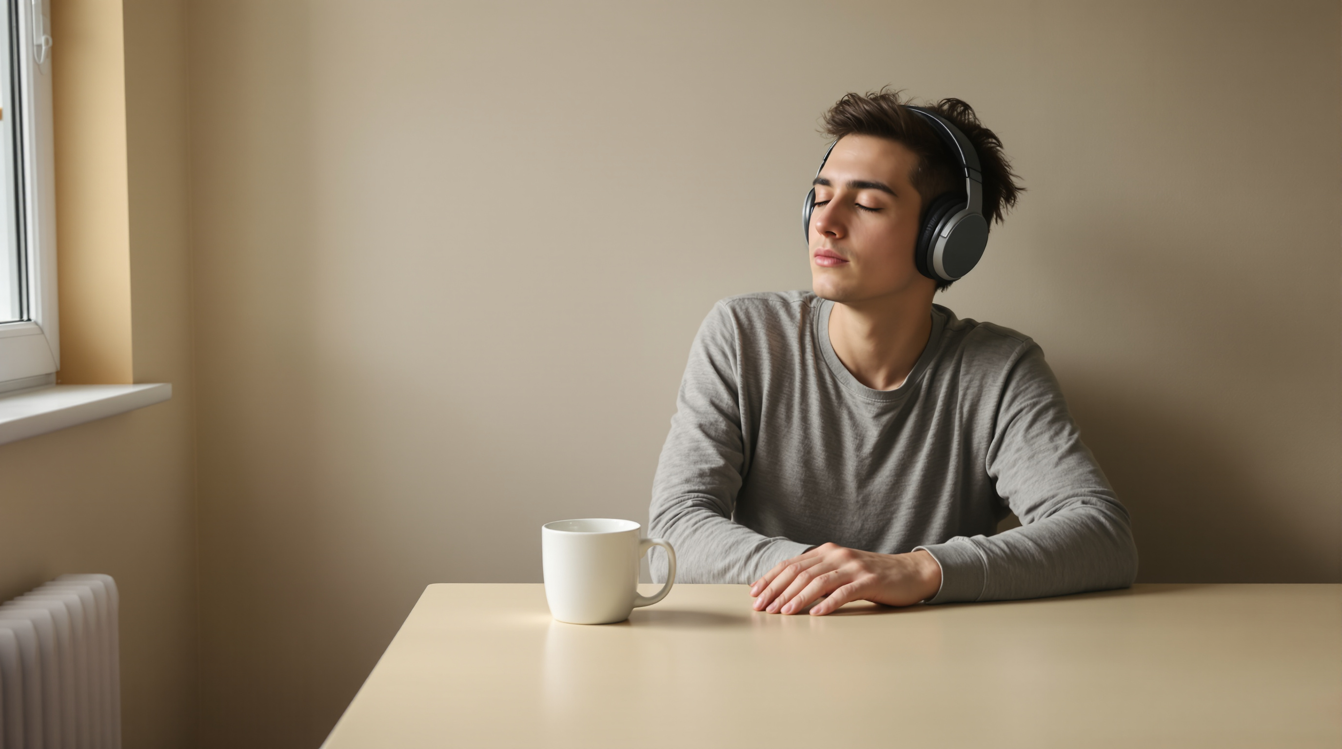 A person in a grey jumper sitting at a kitchen table wearing over-ear headphones with their eyes closed, one hand resting flat on the table