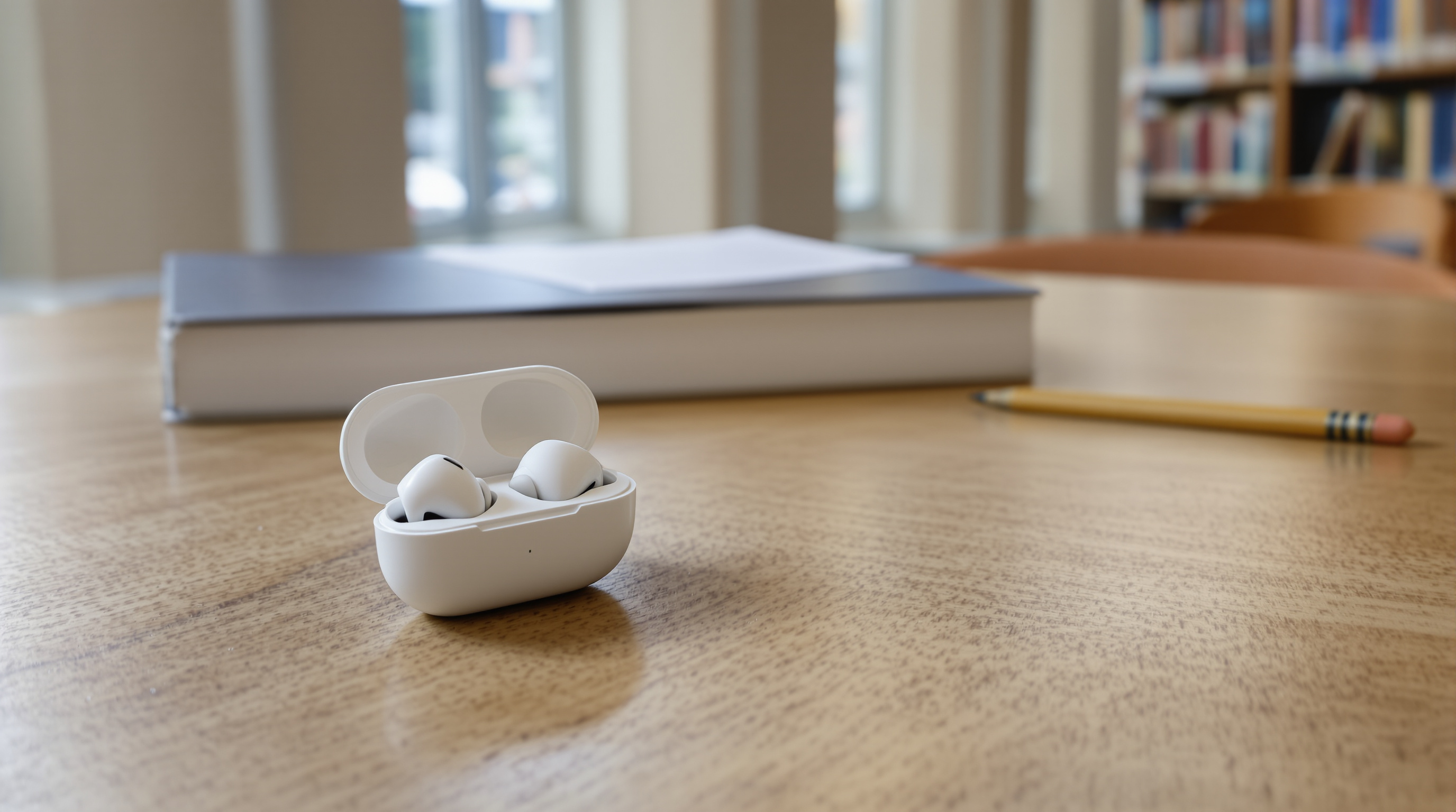 Open white wireless earbuds in their charging case on a wooden library table beside a closed notebook and a pencil