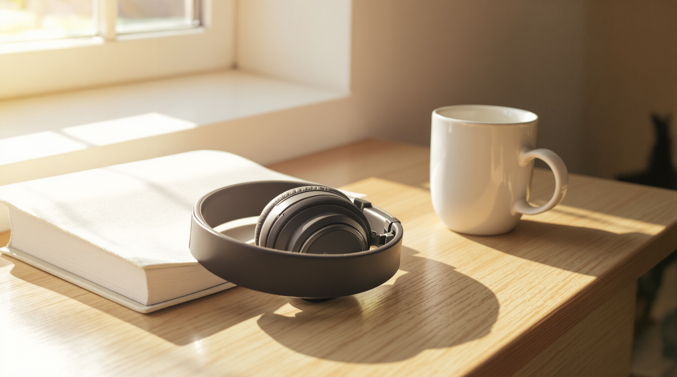 Over-ear headphones resting on an oak table beside an open book and a white mug in morning window light