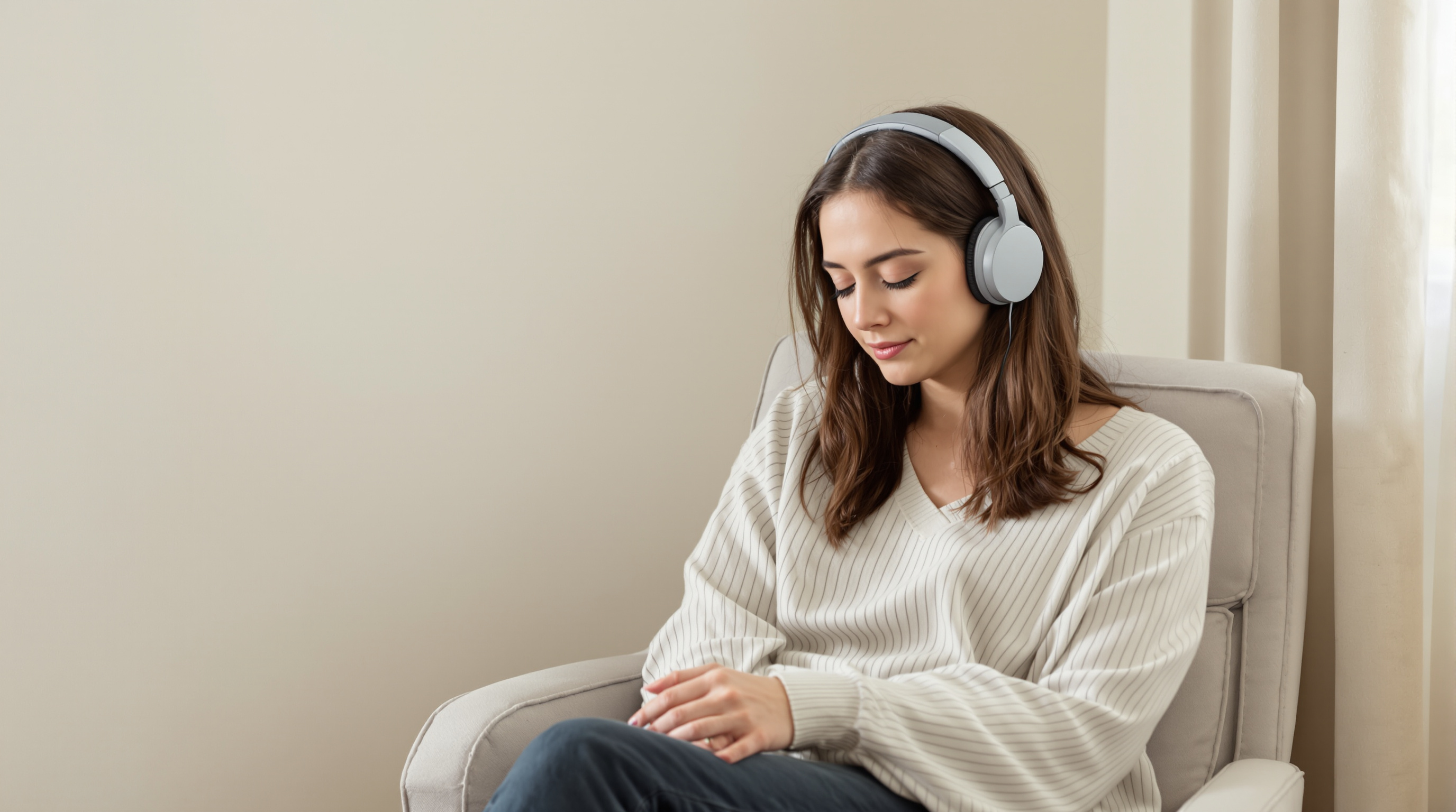 A woman in an armchair wearing headphones, eyes closed and head tilted down, listening in daylight from a window