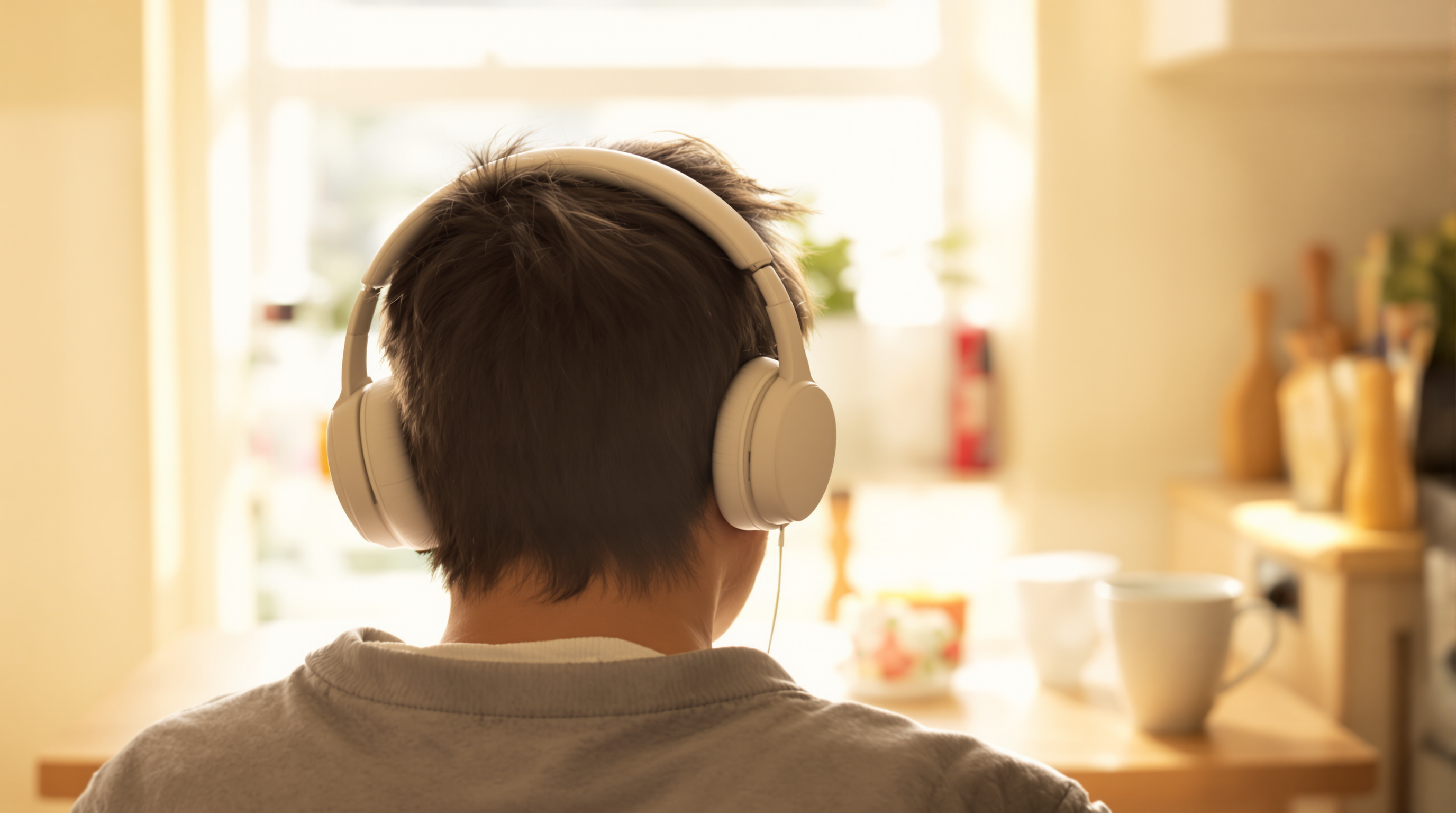 A person seen from behind wearing headphones at a kitchen table in warm daylight