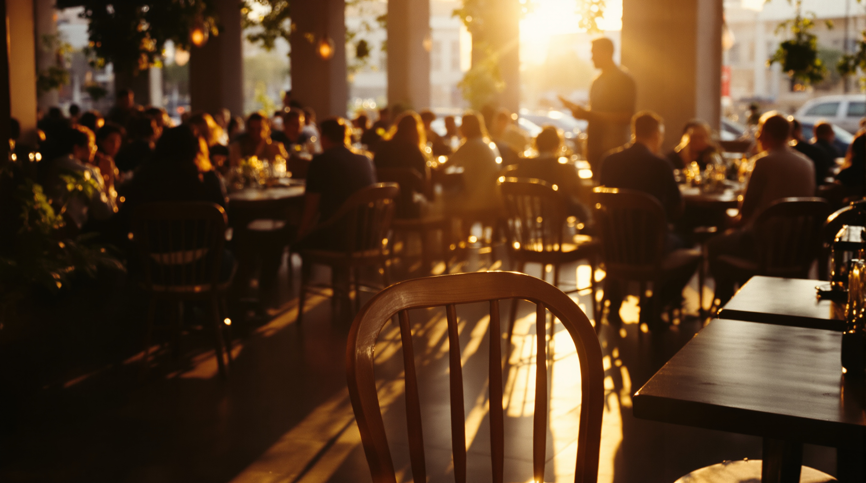 A warm crowded restaurant interior at golden hour, blurred diners at wooden tables, one empty chair in sharp focus in the foreground