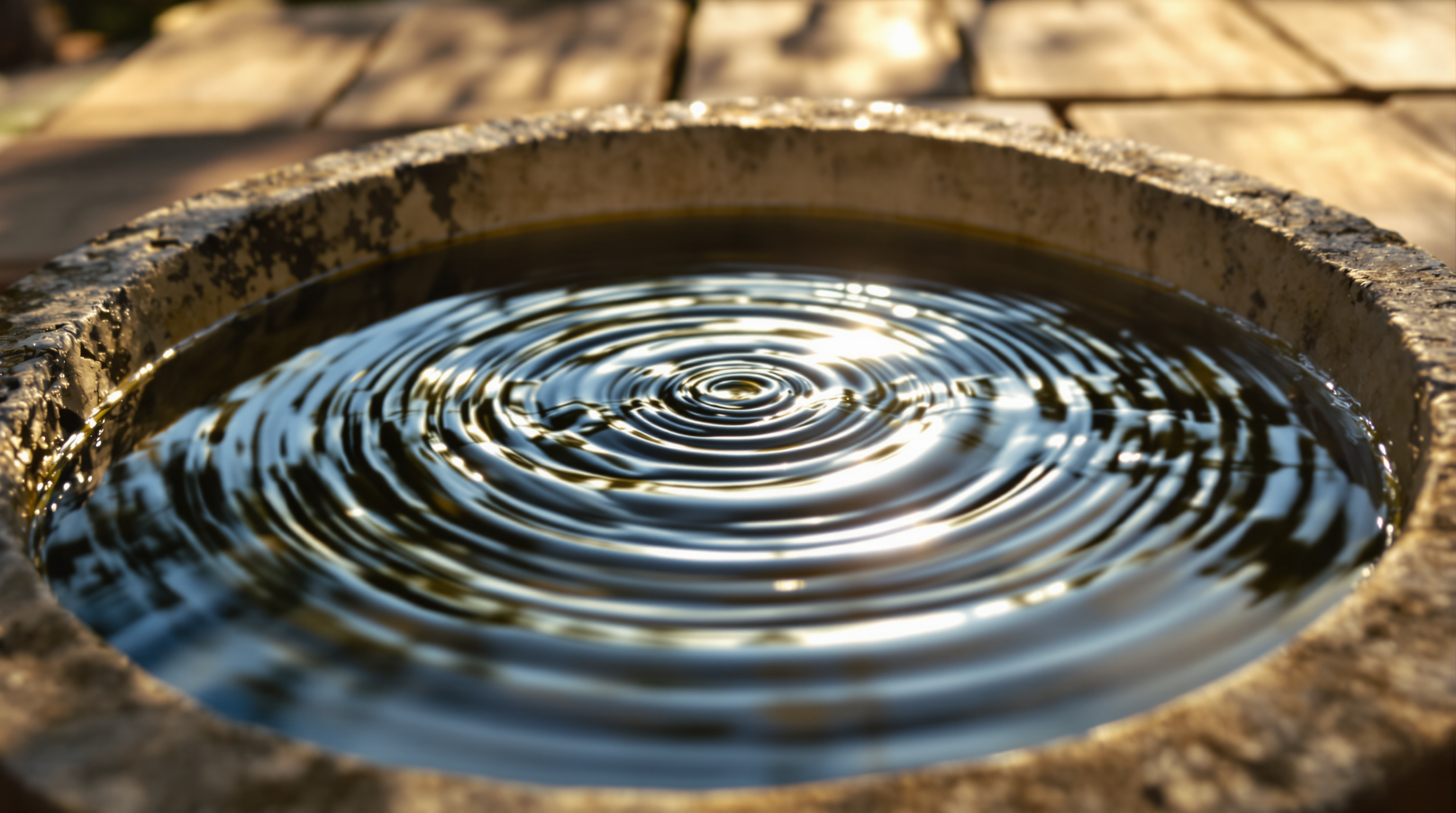 Overlapping ripples spreading across the sunlit surface of a shallow stone bowl of water on a wooden table