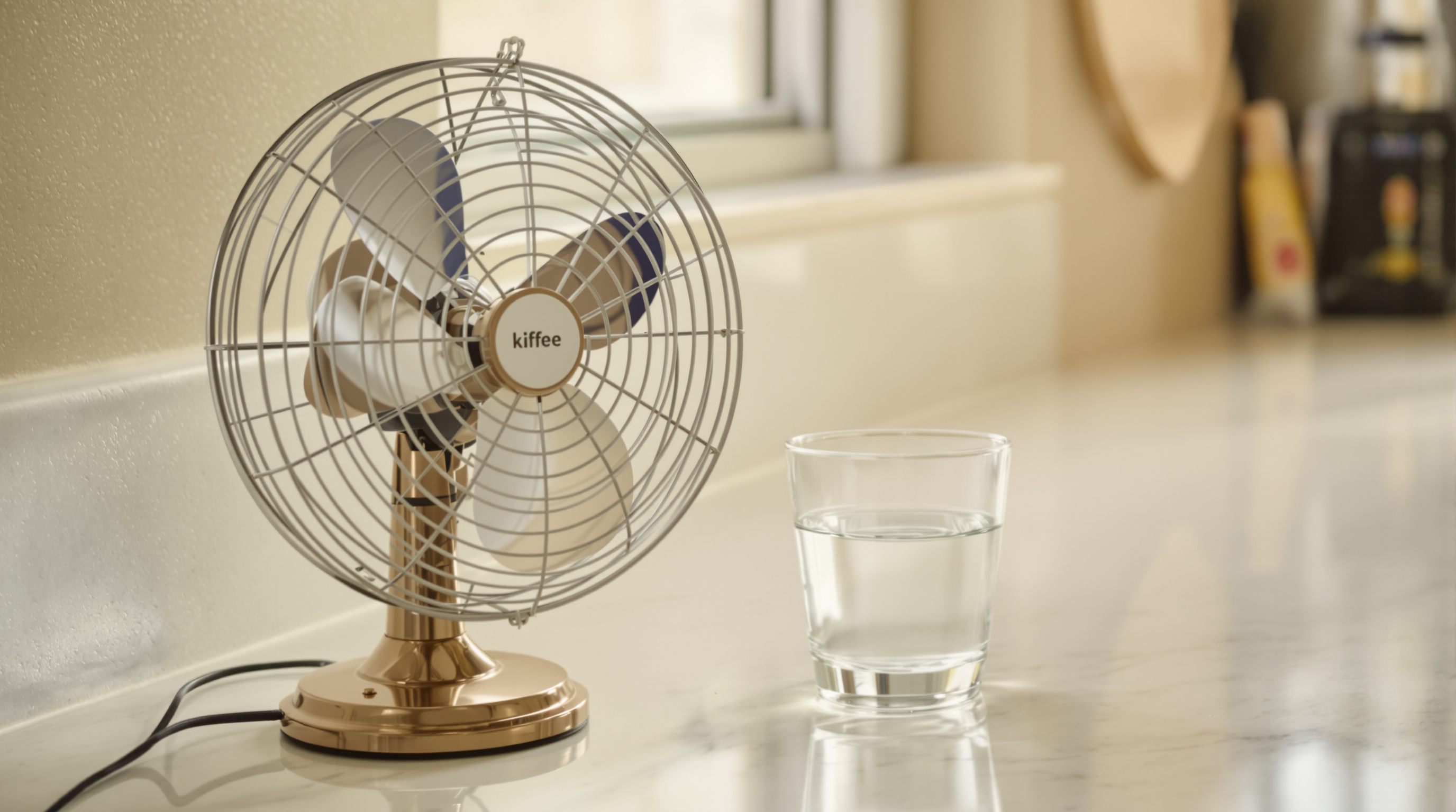 A single glass tumbler of water on a marble counter beside a running desk fan, warm side light from a window