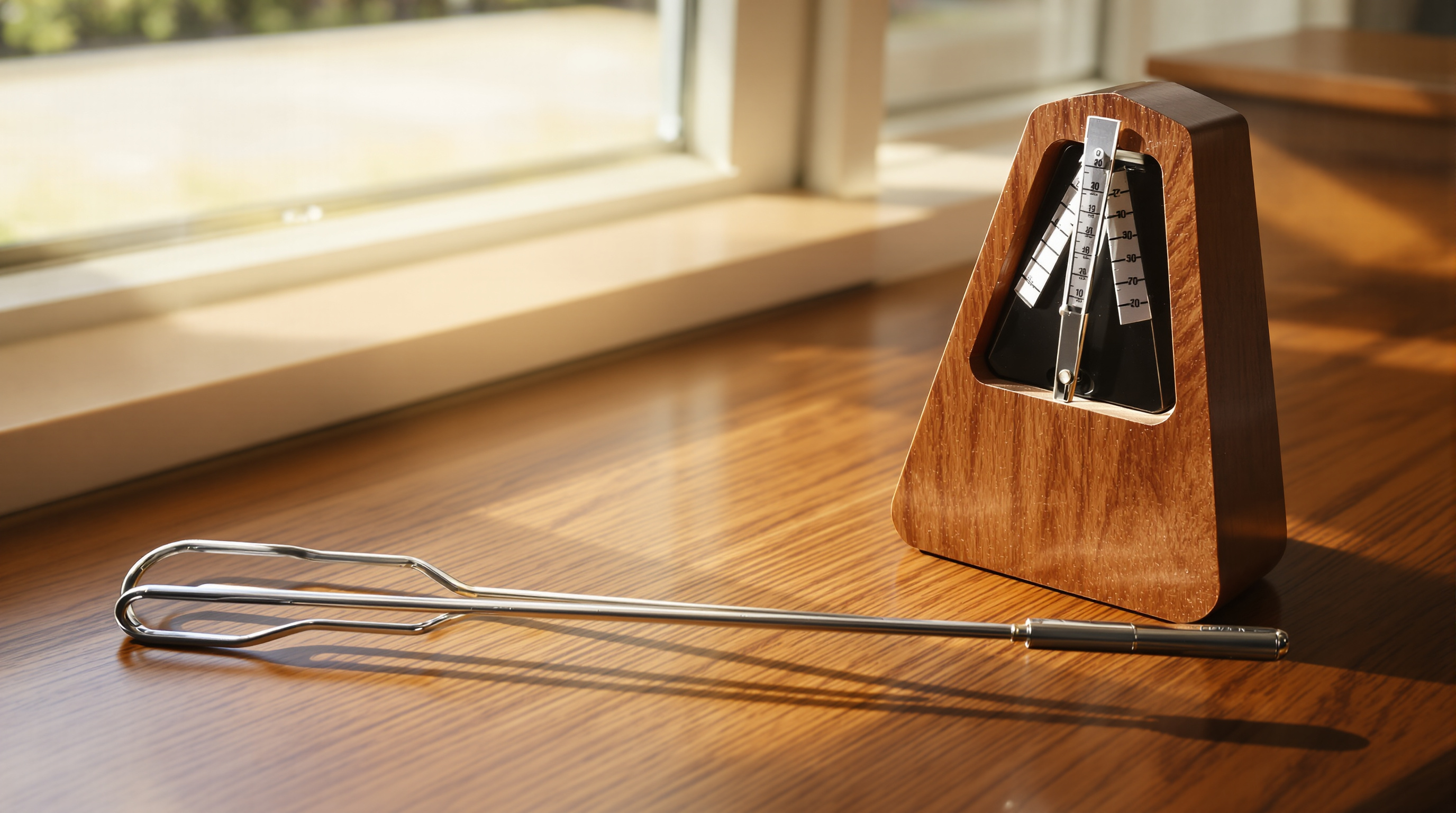 A tuning fork resting on a wooden desk beside a closed metronome, warm side light