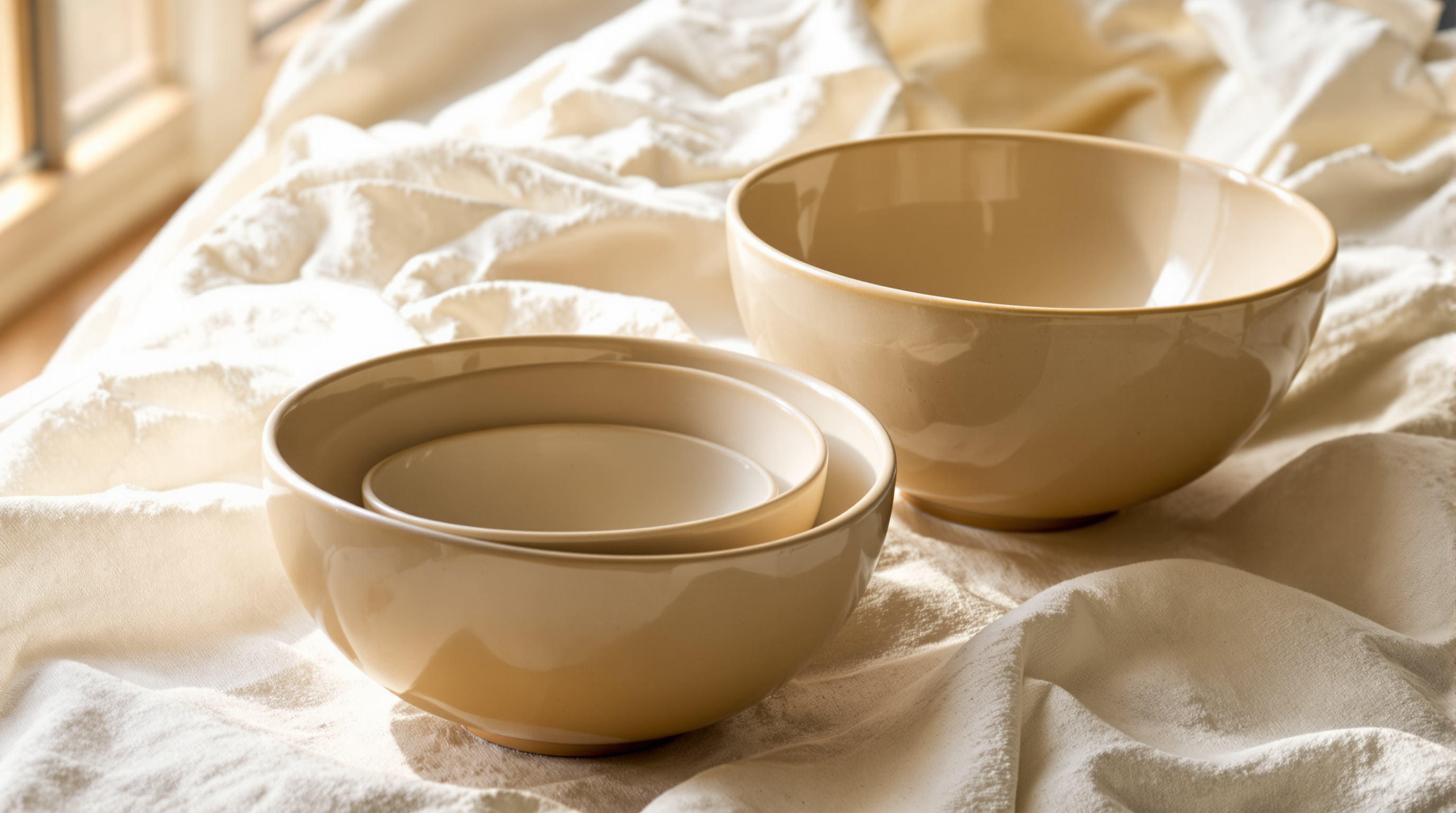 Two ceramic bowls of different sizes nested on a linen cloth, soft window light from the left