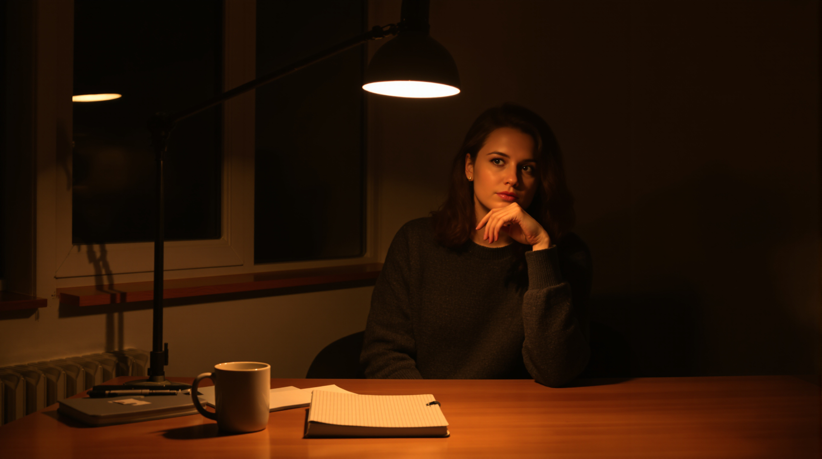 A woman in a plain grey jumper sitting at a wooden desk at night under a single lamp, chin on her hand, an open blank notebook and a mug in front of her