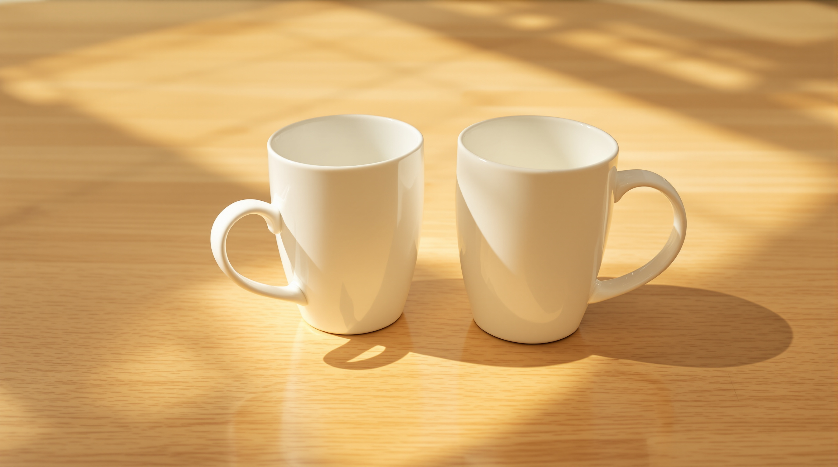 Two identical white ceramic cups side by side on a sunlit wooden table, one turned so its handle points the other way