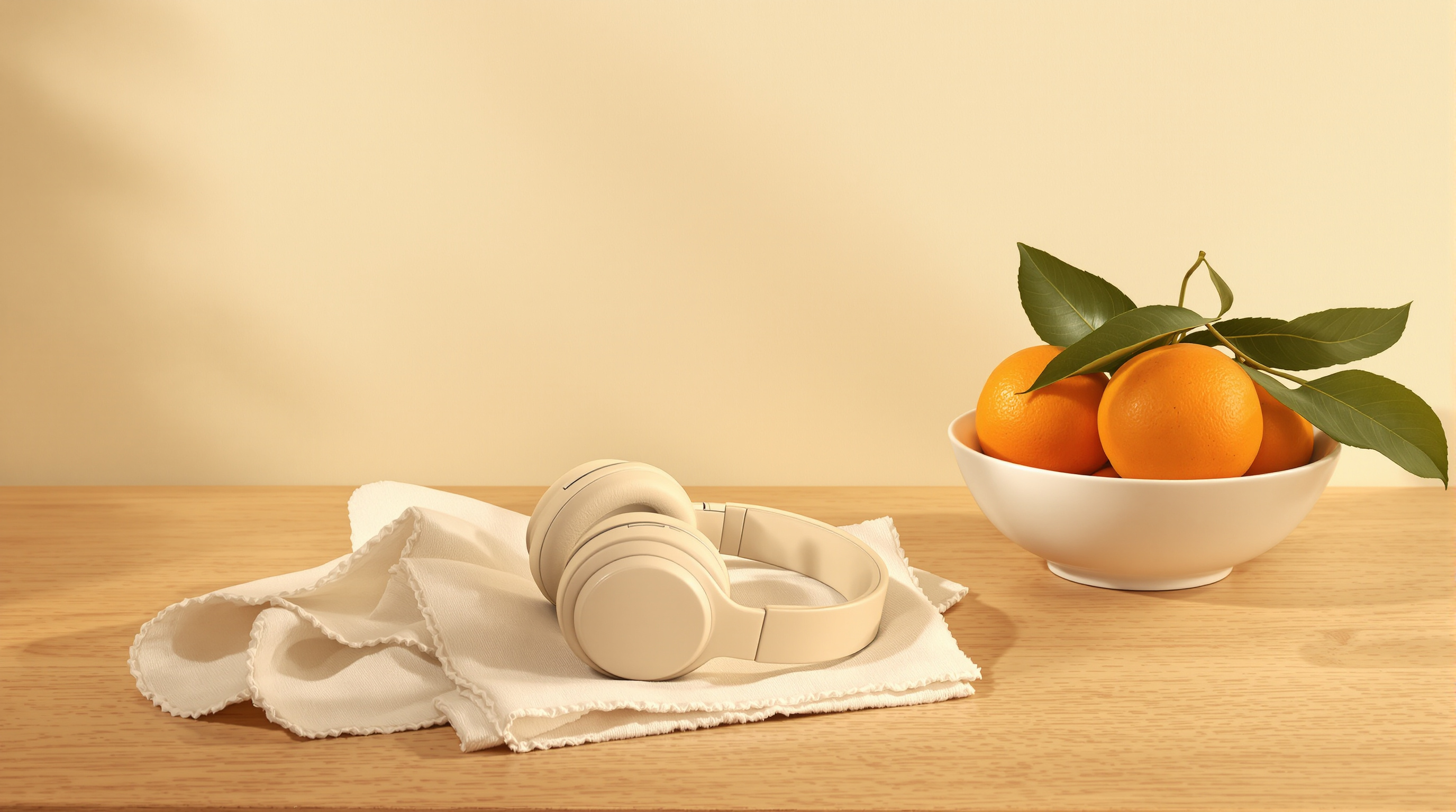 Cream over-ear headphones resting on a linen napkin on an oak table, beside a white bowl of mandarins with green leaves, in warm sidelight against a cream wall