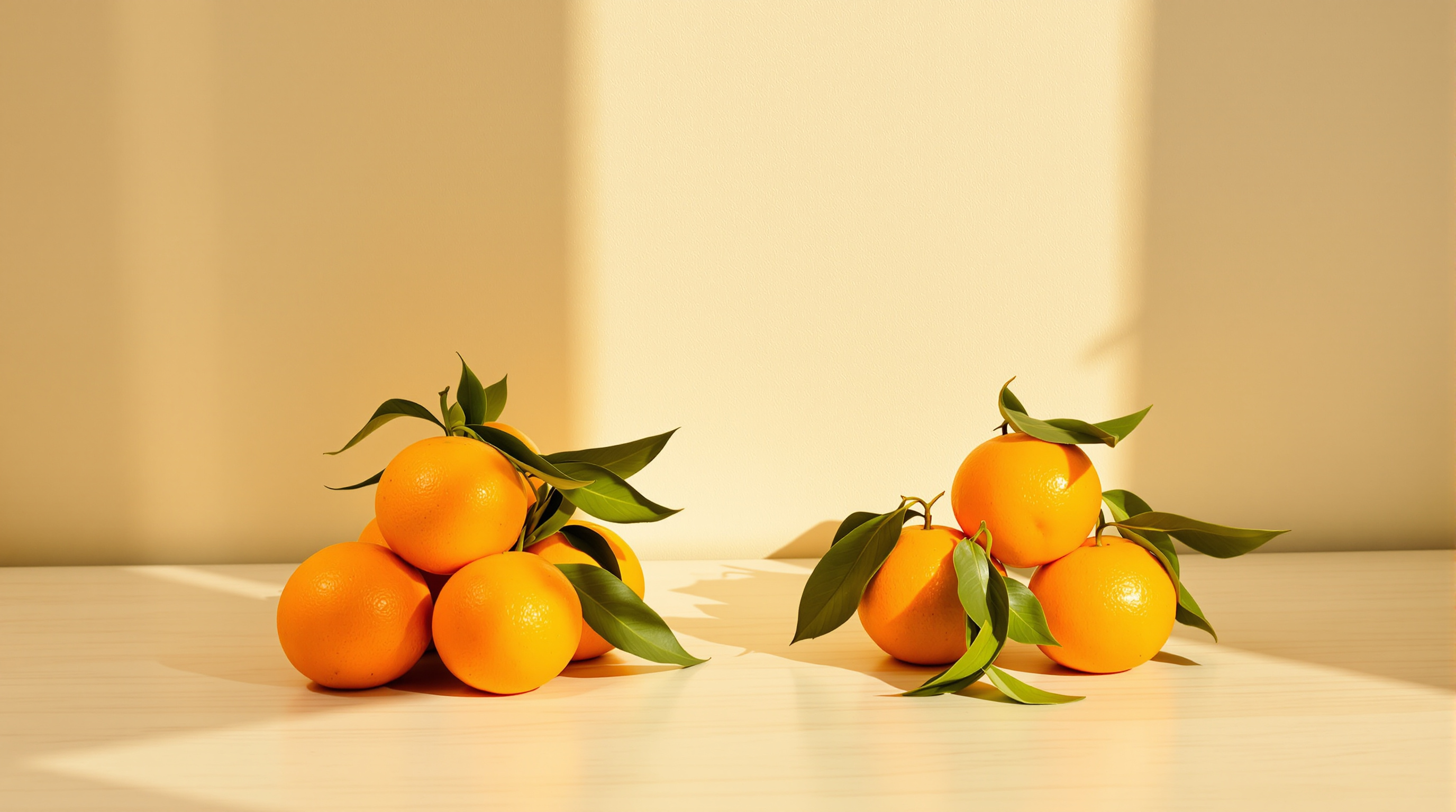 Two small piles of fresh mandarins with green leaves side by side on a pale wooden table in late-afternoon window light