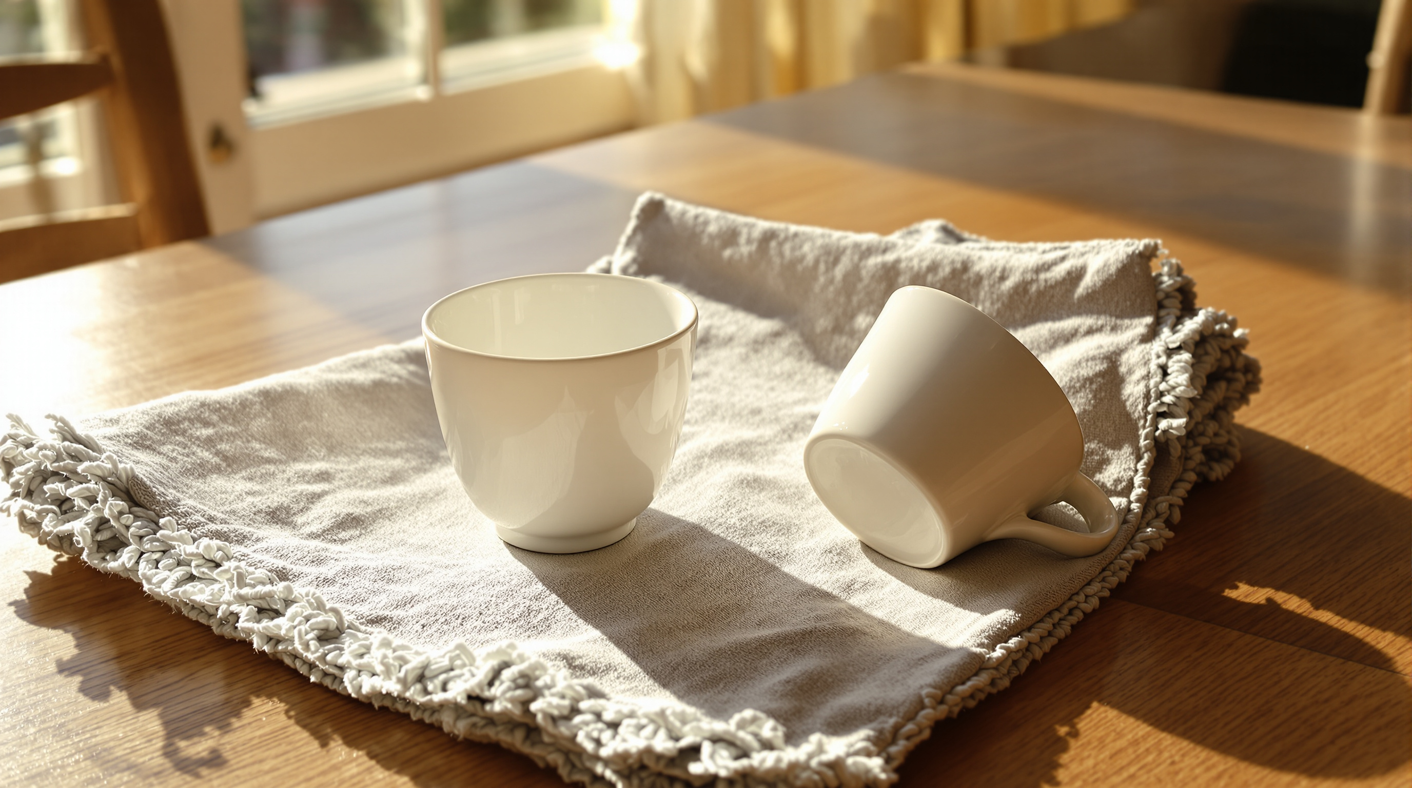 Two white ceramic teacups on grey linen in late afternoon sun, one upright and one lying on its side