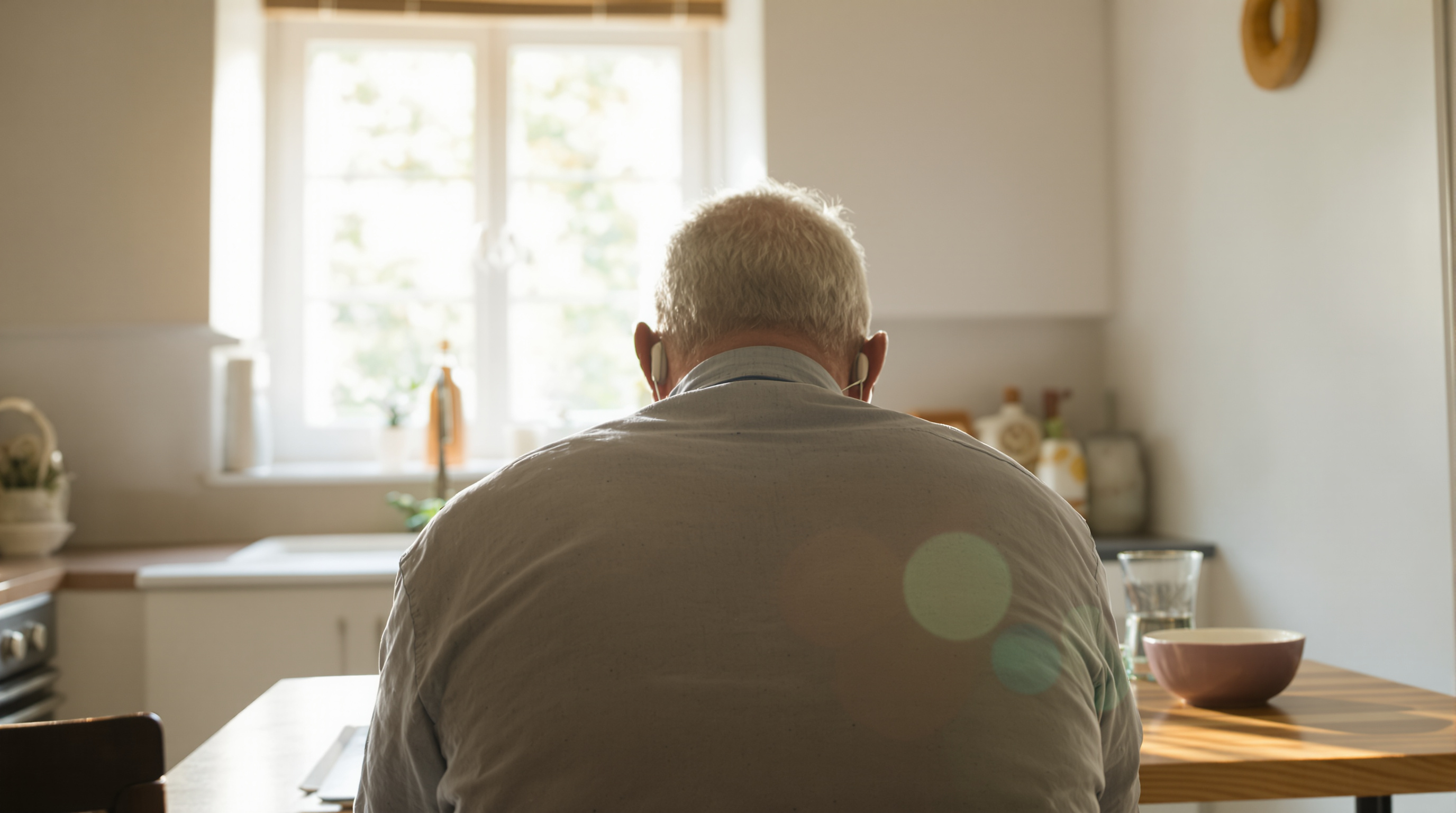An older man seen from behind at a kitchen table facing a bright window, a bowl and a glass of water beside him