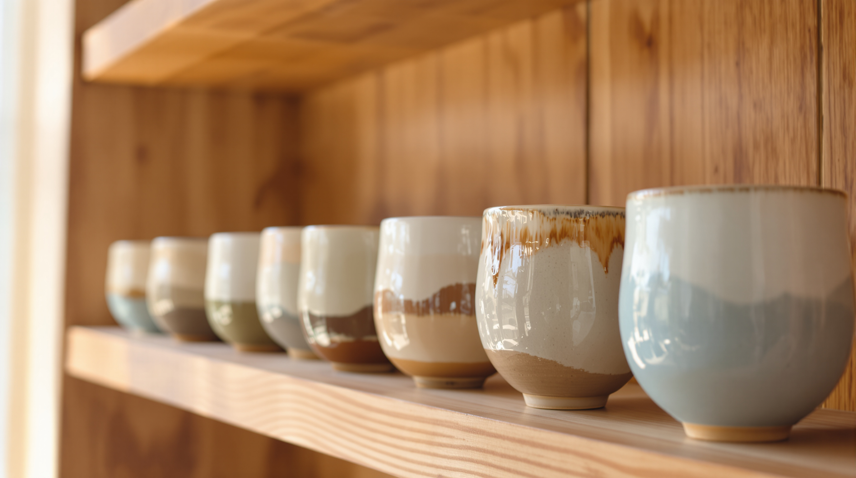 A row of ceramic cups of different shapes and glazes on a wooden shelf, side light from a nearby window