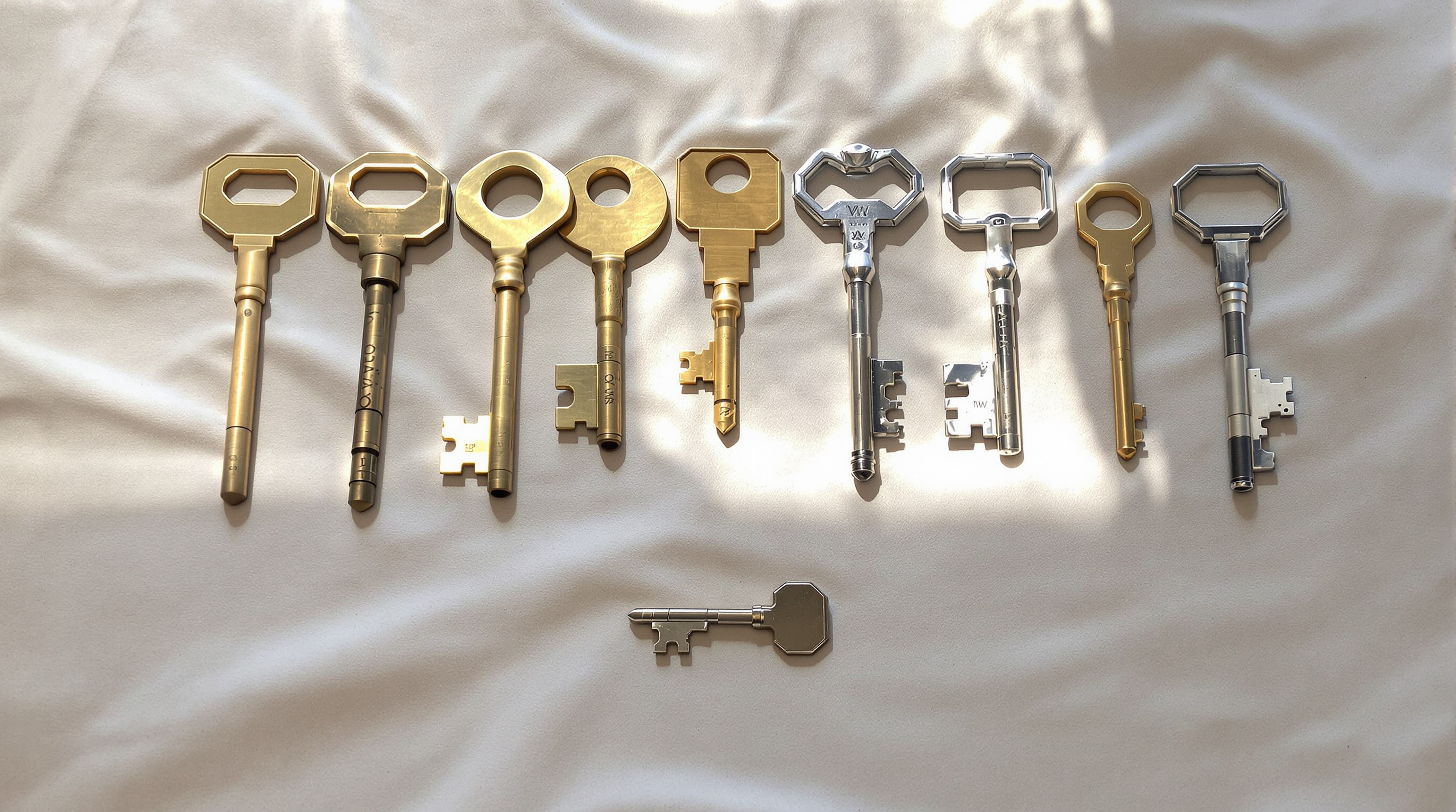Eight keys of different cuts laid out in a row on a fold of linen, one plain unmarked key set slightly apart, top-down in warm window light