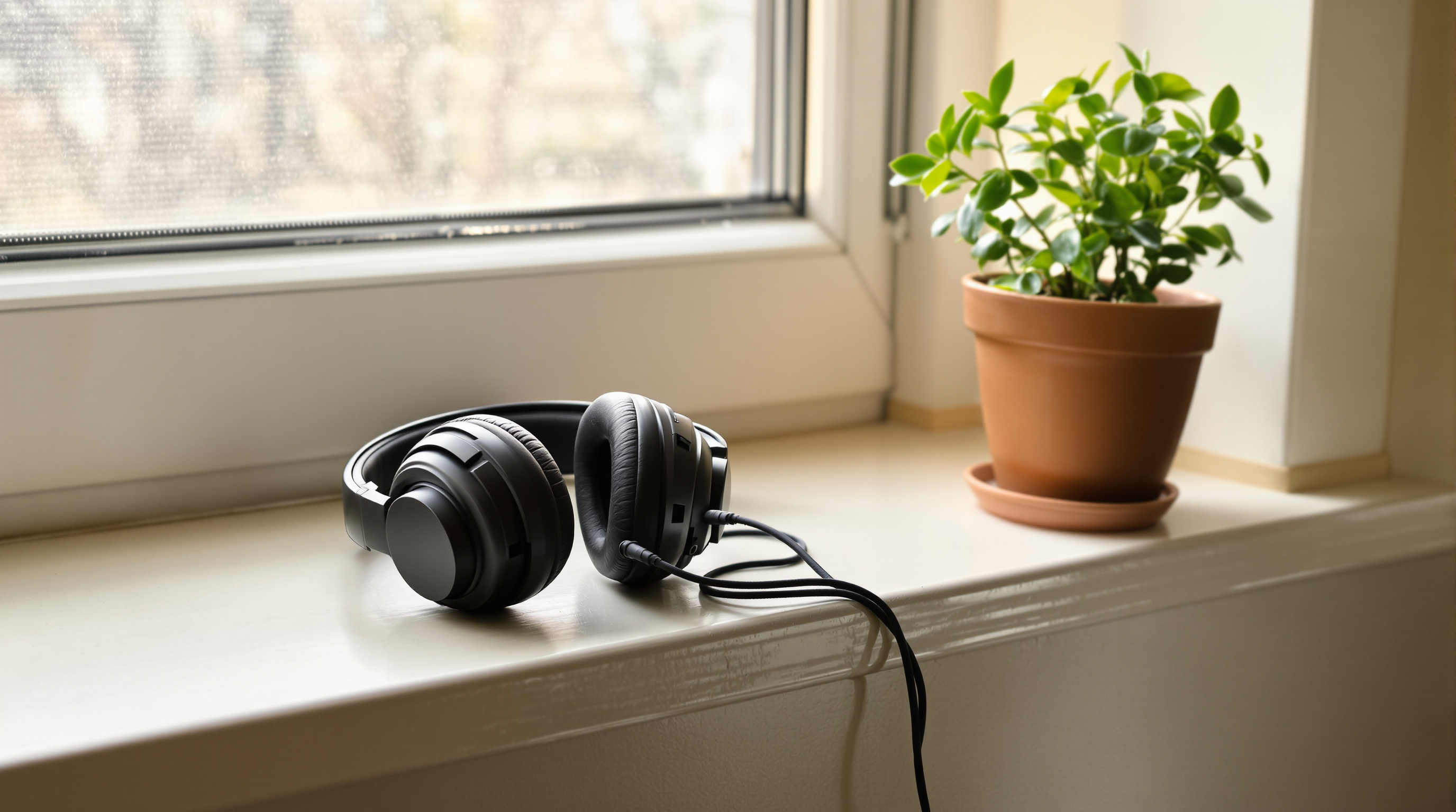A pair of over-ear headphones resting on a windowsill beside a small potted plant in afternoon sun