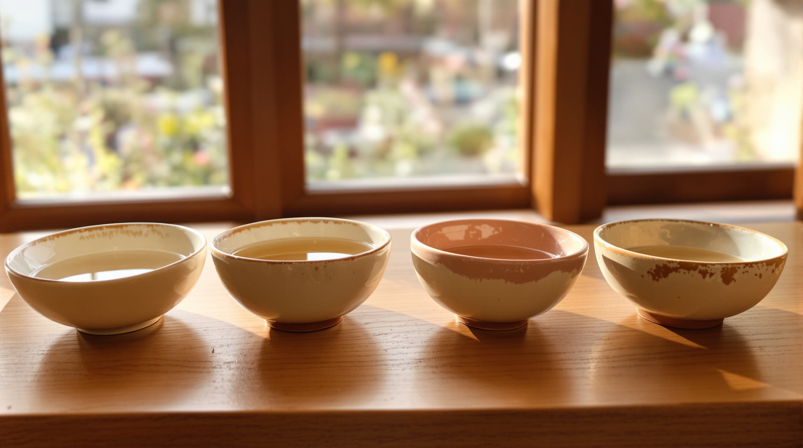 Four small ceramic bowls of different depths in a row on a warm wooden table, the second holding a little water that catches the morning light