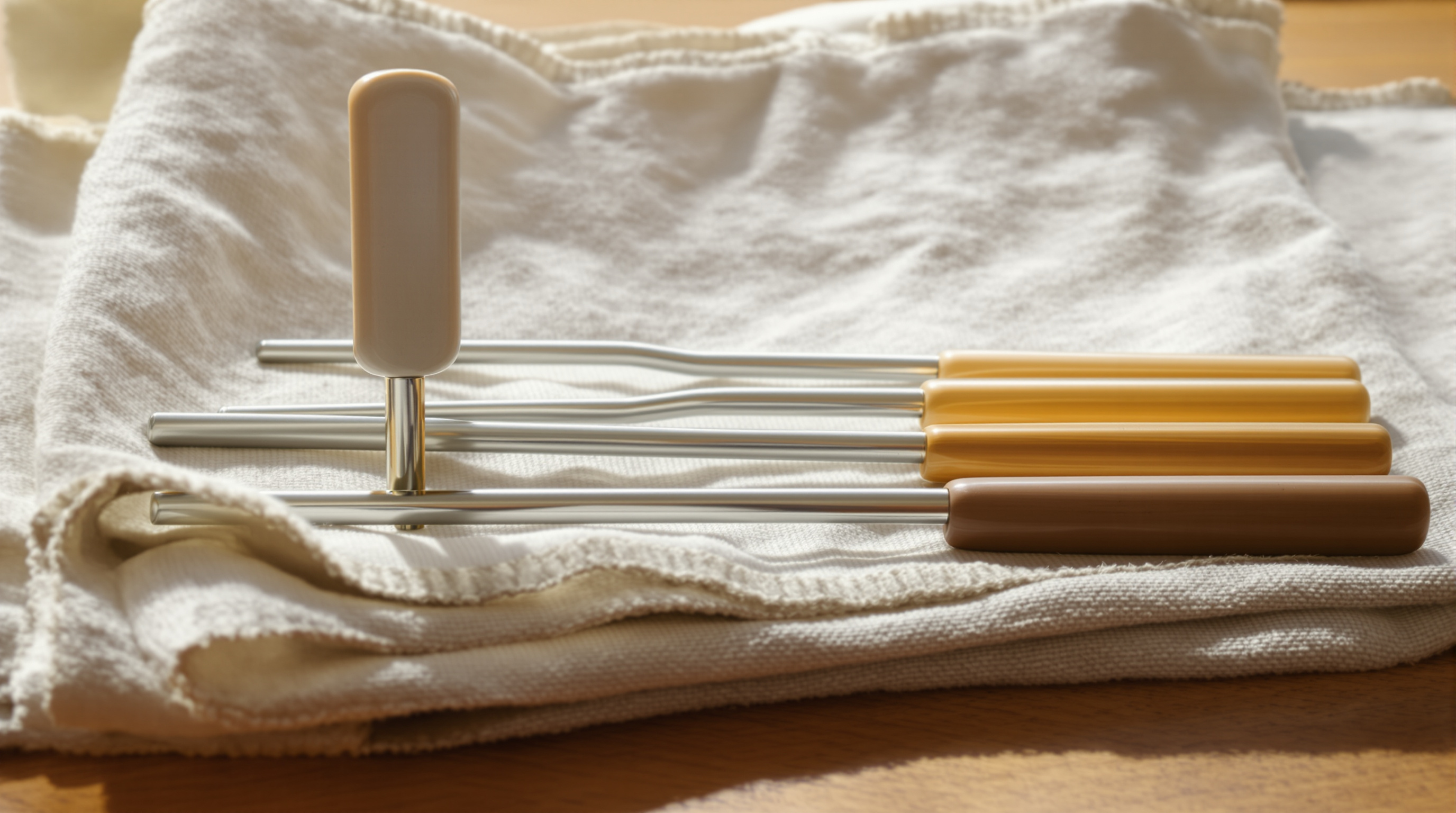 A set of tuning forks on a folded oatmeal cloth, one standing upright and the rest lying slightly out of line in soft window light