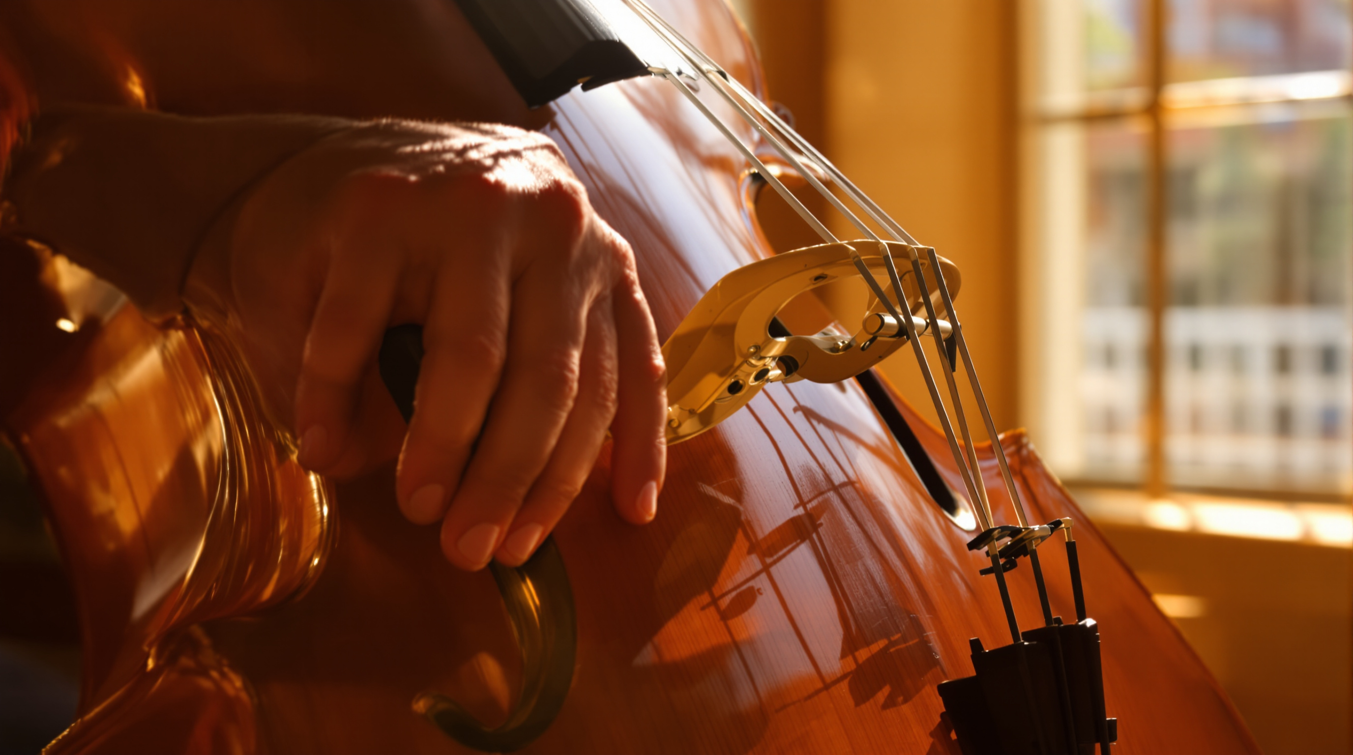 A hand resting on the body of a large string instrument beside the bridge and strings, in warm window light