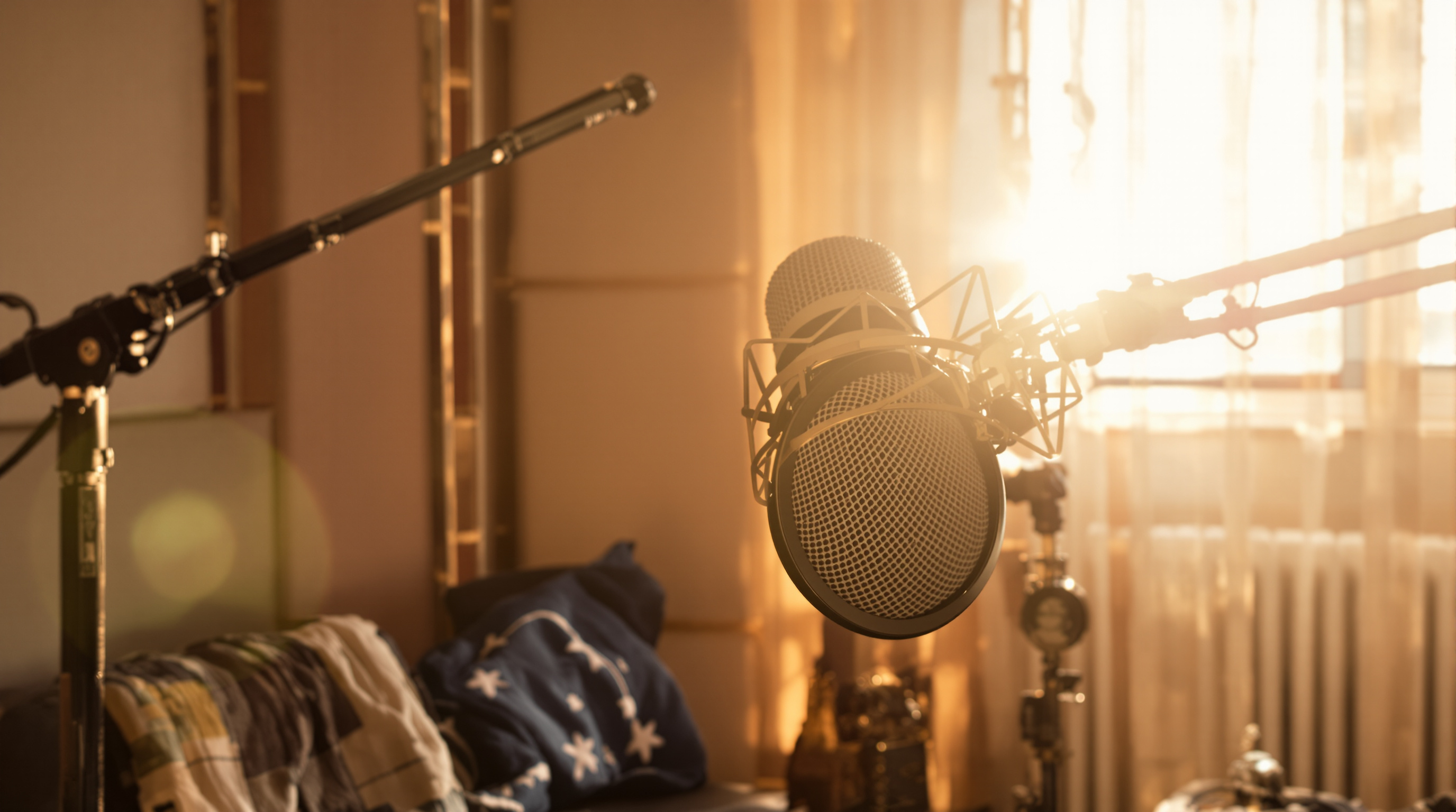 Two studio microphones on boom arms in a warm room, sunlight coming through the curtain behind them