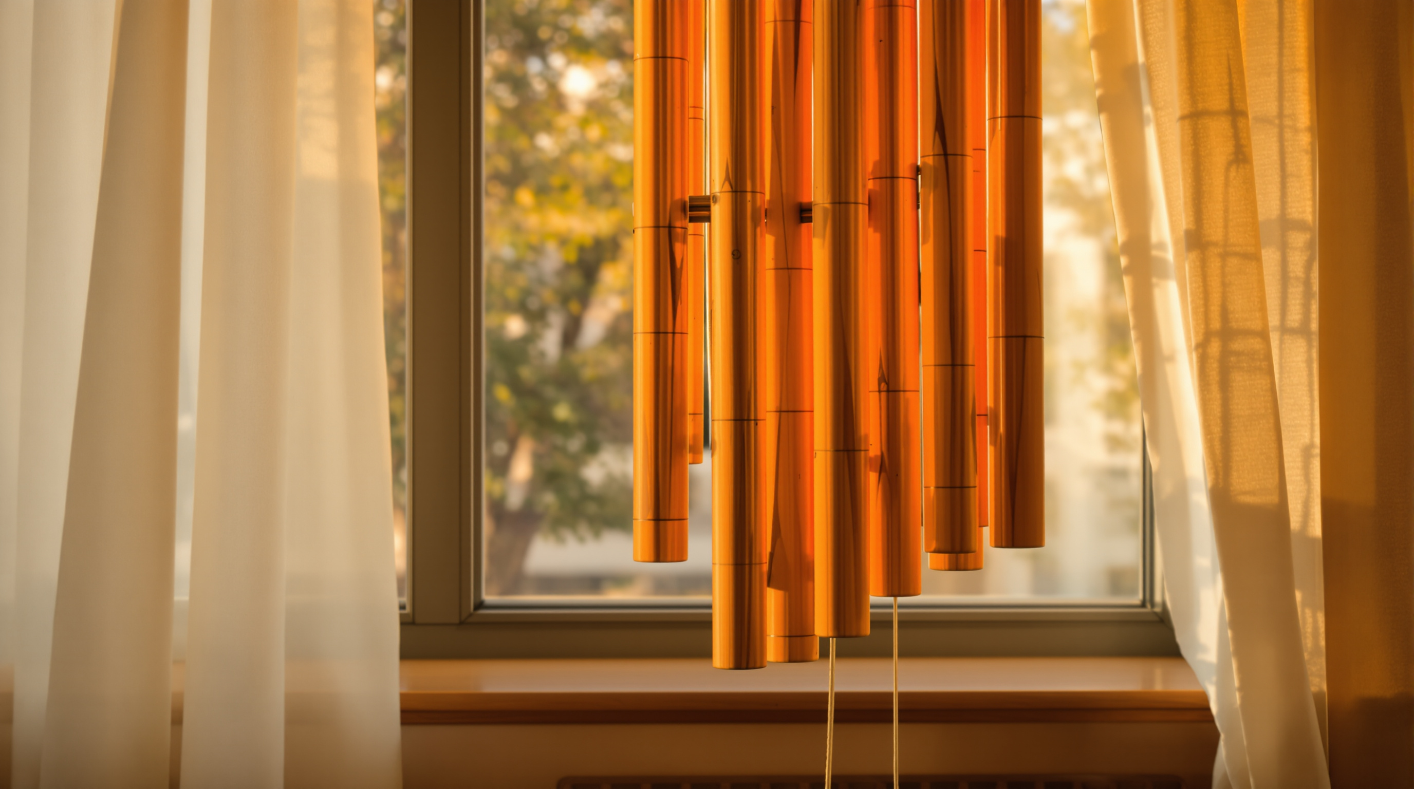 Bamboo wind chime tubes hanging still in warm golden window light beside a pale linen curtain