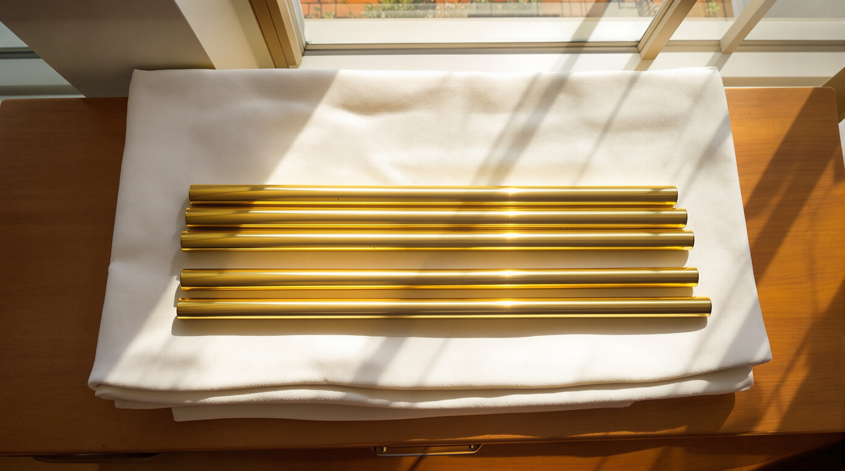 Six brass chime tubes of nearly identical length laid in a row on folded cream linen in warm window light