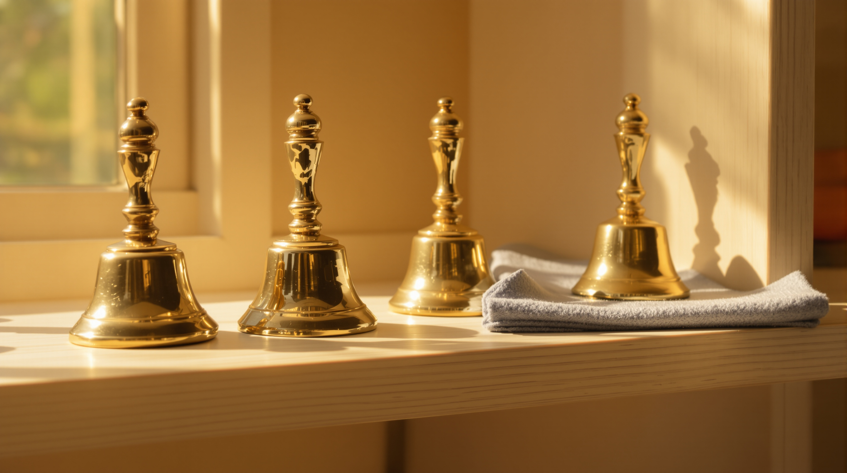 Four small brass hand bells in a row on a pale wooden shelf in warm morning light, the fourth resting on a folded square of grey felt