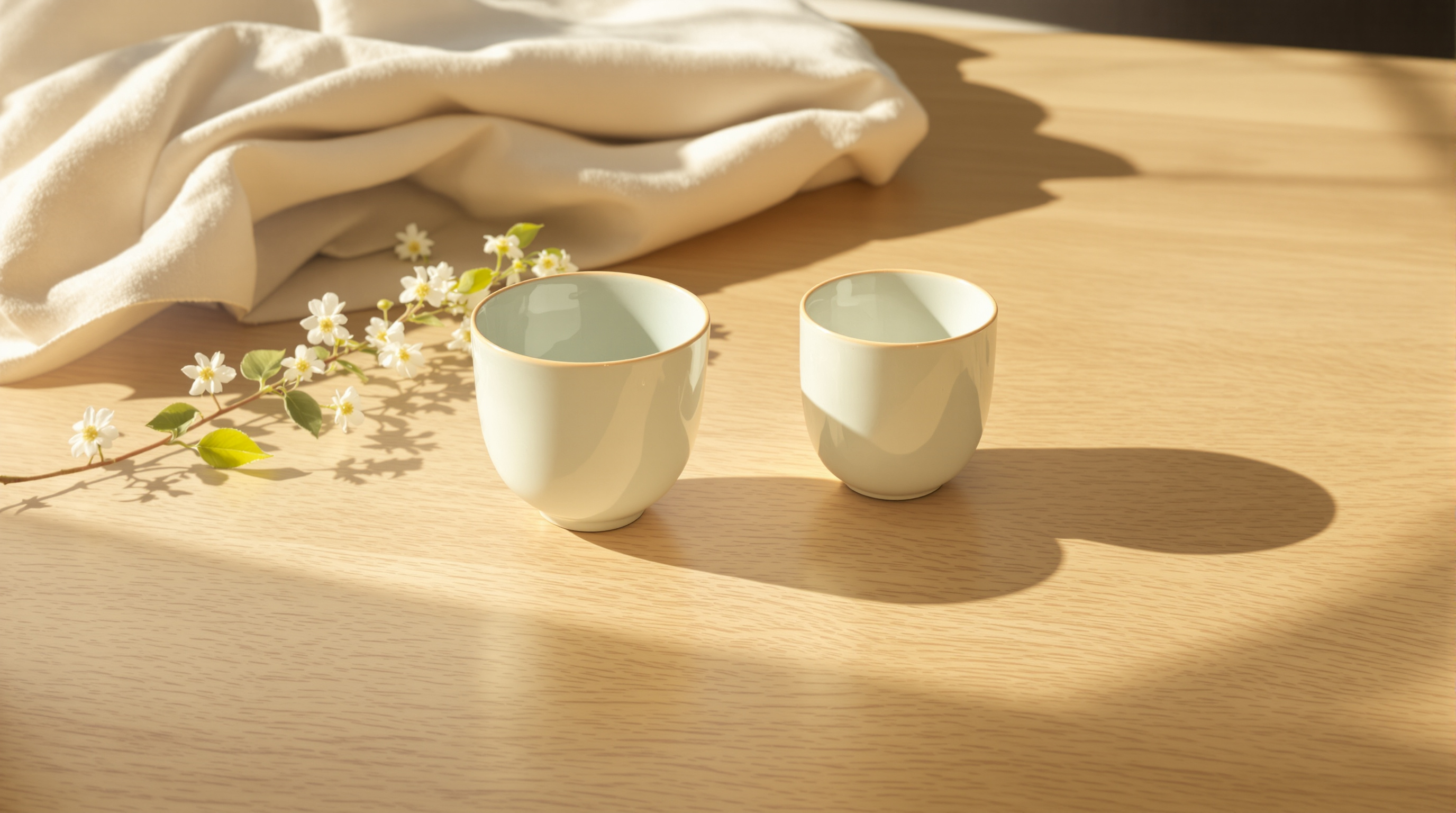 Two small celadon-glazed tea cups standing side by side on a pale oak table in warm morning window light, throwing two soft parallel shadows