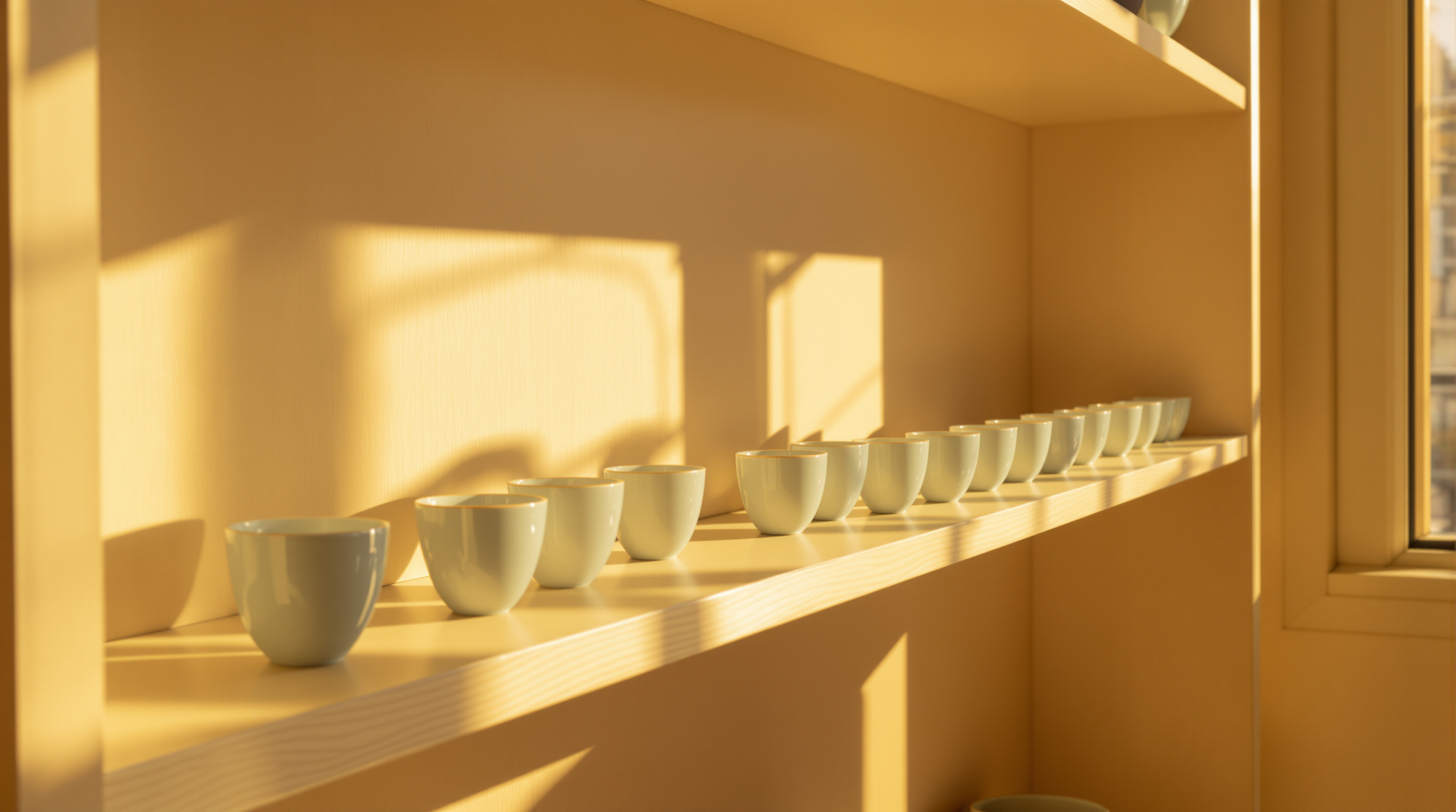 A row of small celadon cups receding along a sunlit ash shelf, one standing alone at the near end and the rest grouped in twos, warm late-afternoon light