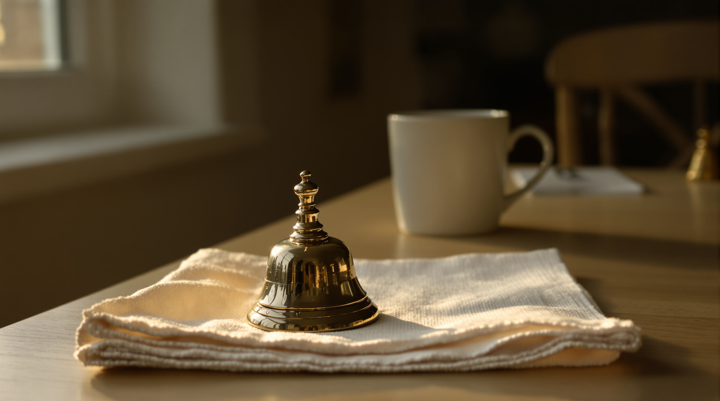 A small brass hand bell on a folded linen napkin beside a plain ceramic mug in golden afternoon light
