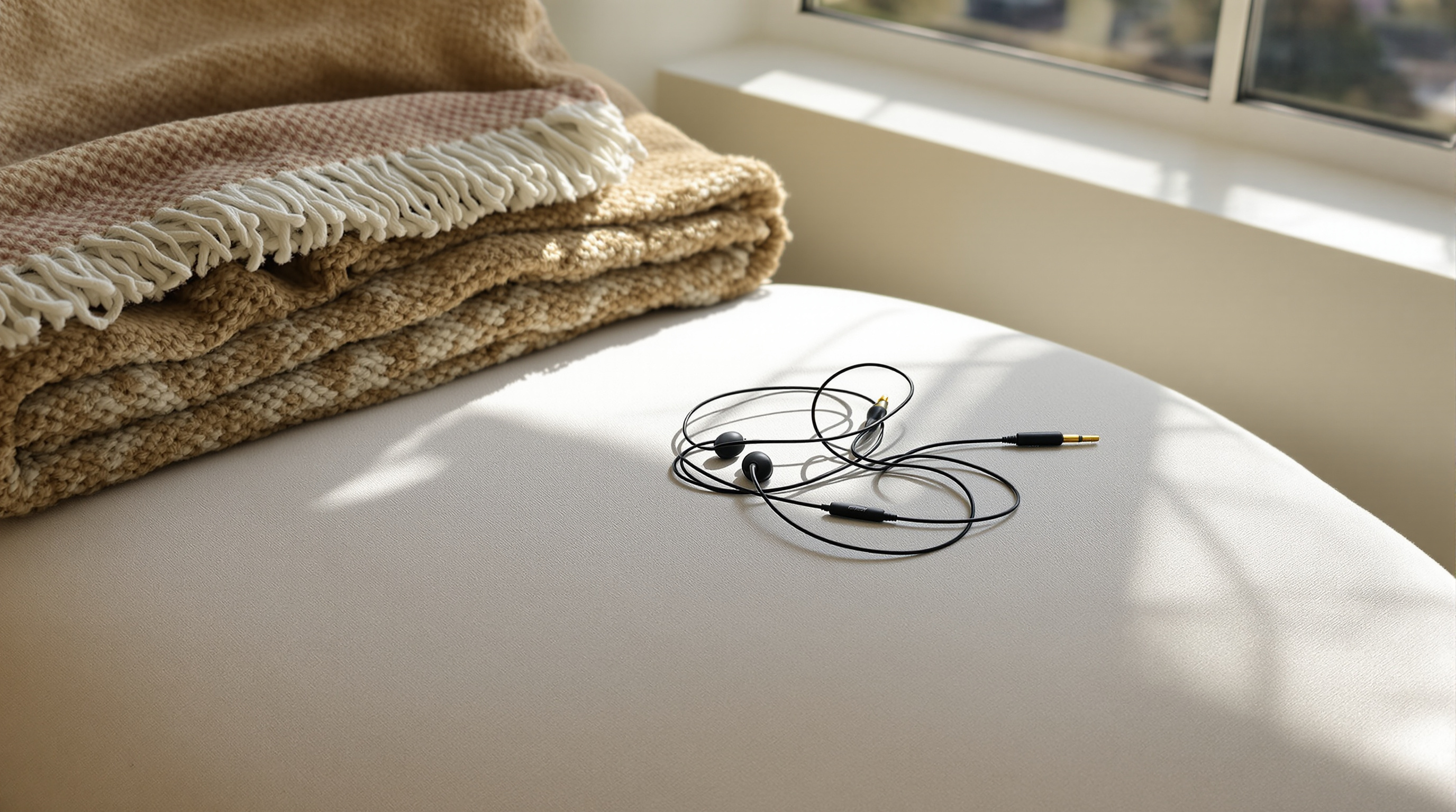 Wired earphones coiled on a cream cushion in a window seat beside a folded oatmeal blanket in warm sun