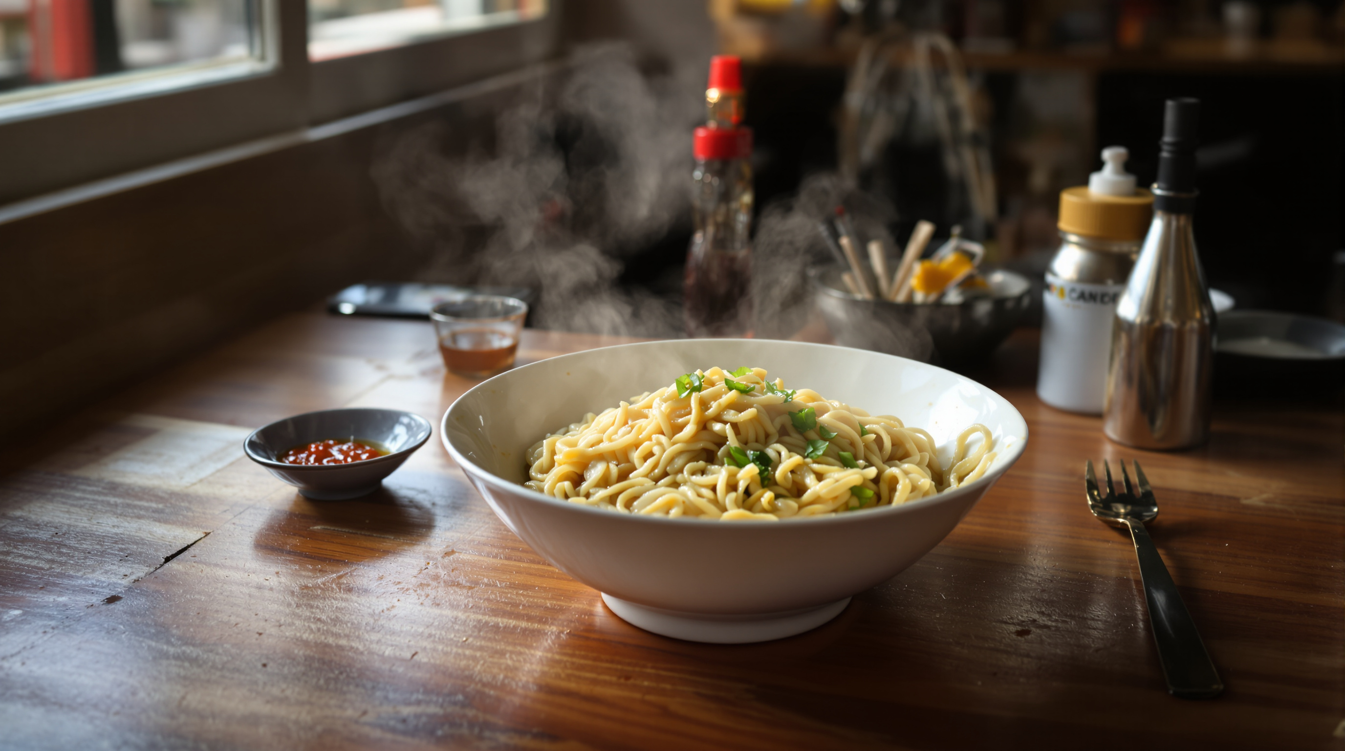 A steaming bowl of hand-pulled noodles and a small dish of chilli oil on a wooden table in a northern Chinese noodle shop, warm afternoon light through the window at the left