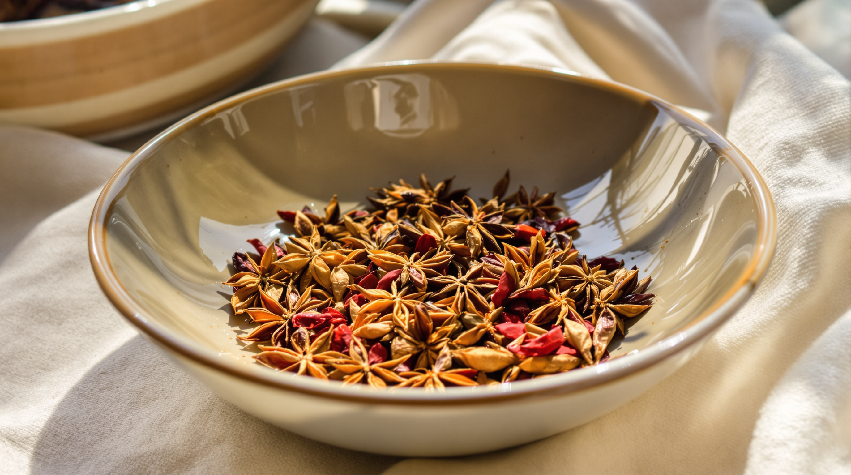 A shallow ceramic dish of loose star anise and dried red chillies on a linen cloth in warm side light from a window