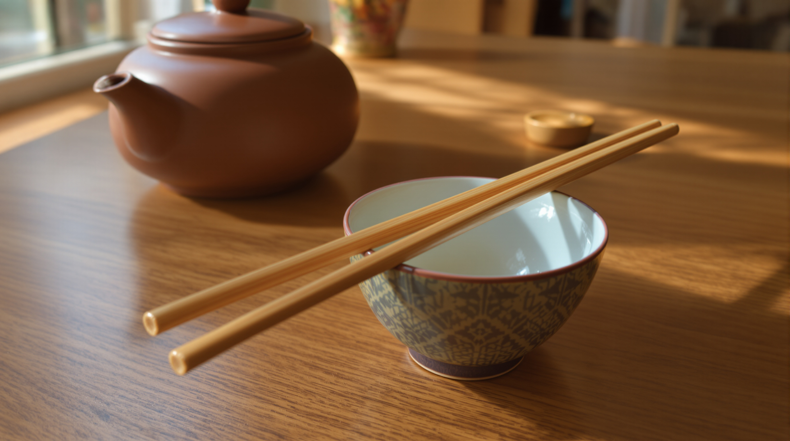 A pair of wooden chopsticks resting across a small empty patterned bowl on a wooden table with a clay teapot just behind, warm light from a window at the left