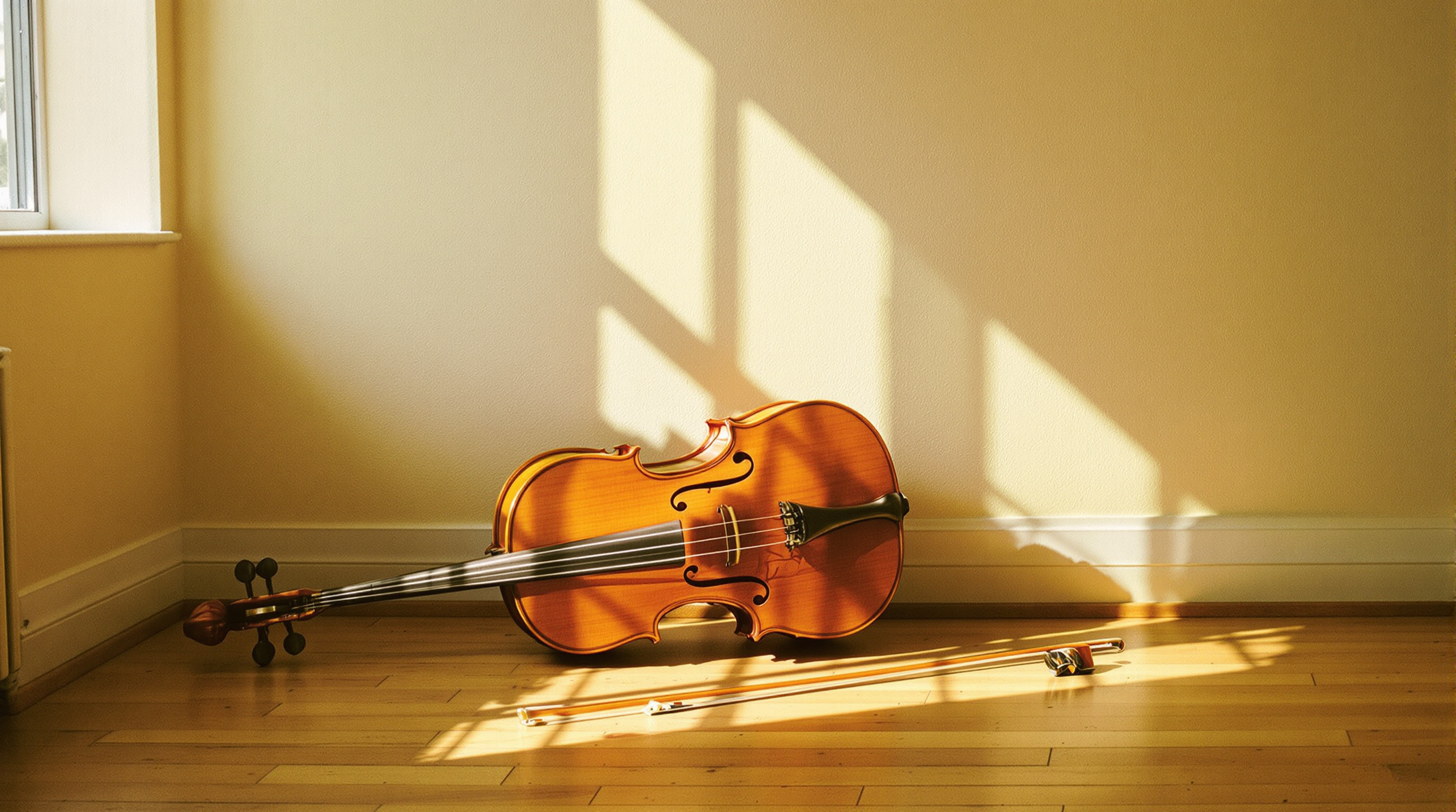 A cello resting on its side against a pale plastered wall in warm afternoon light from a tall window, bow lying on the wooden floor beside it
