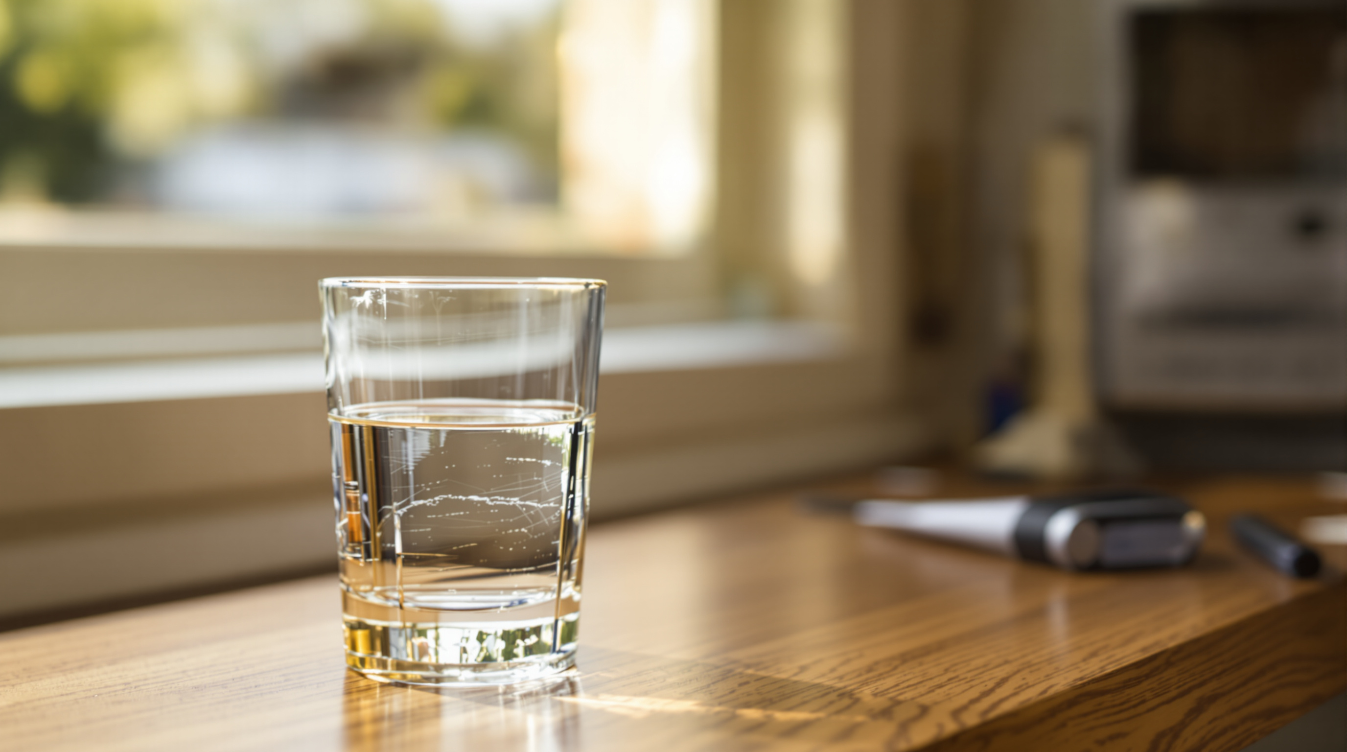 A brass tuning fork standing upright on a sunlit oak desk beside a glass of water, warm light from the right