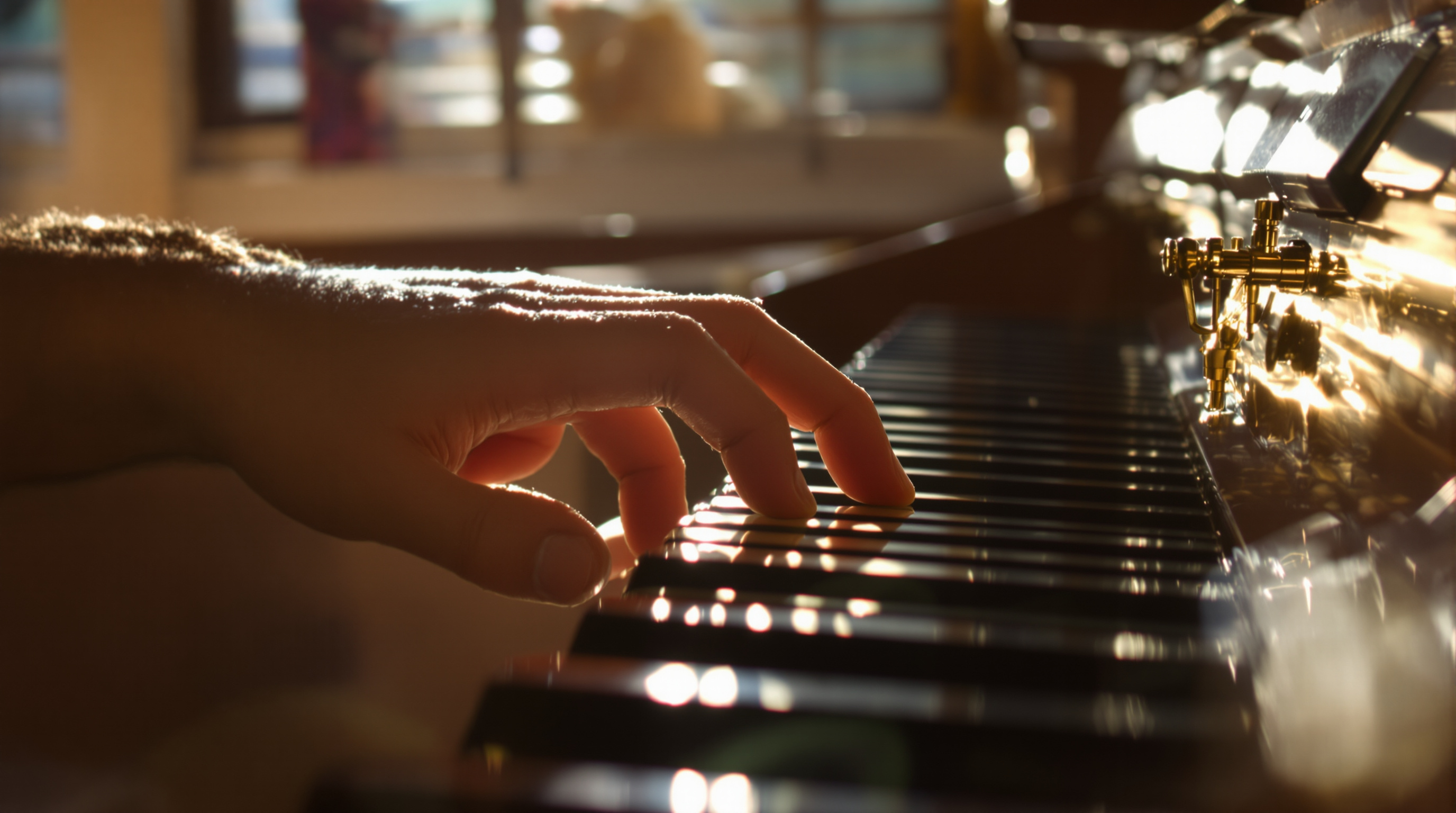 Warm sunlight falling across a piano keyboard through a half-open shutter, a single hand resting near the low keys