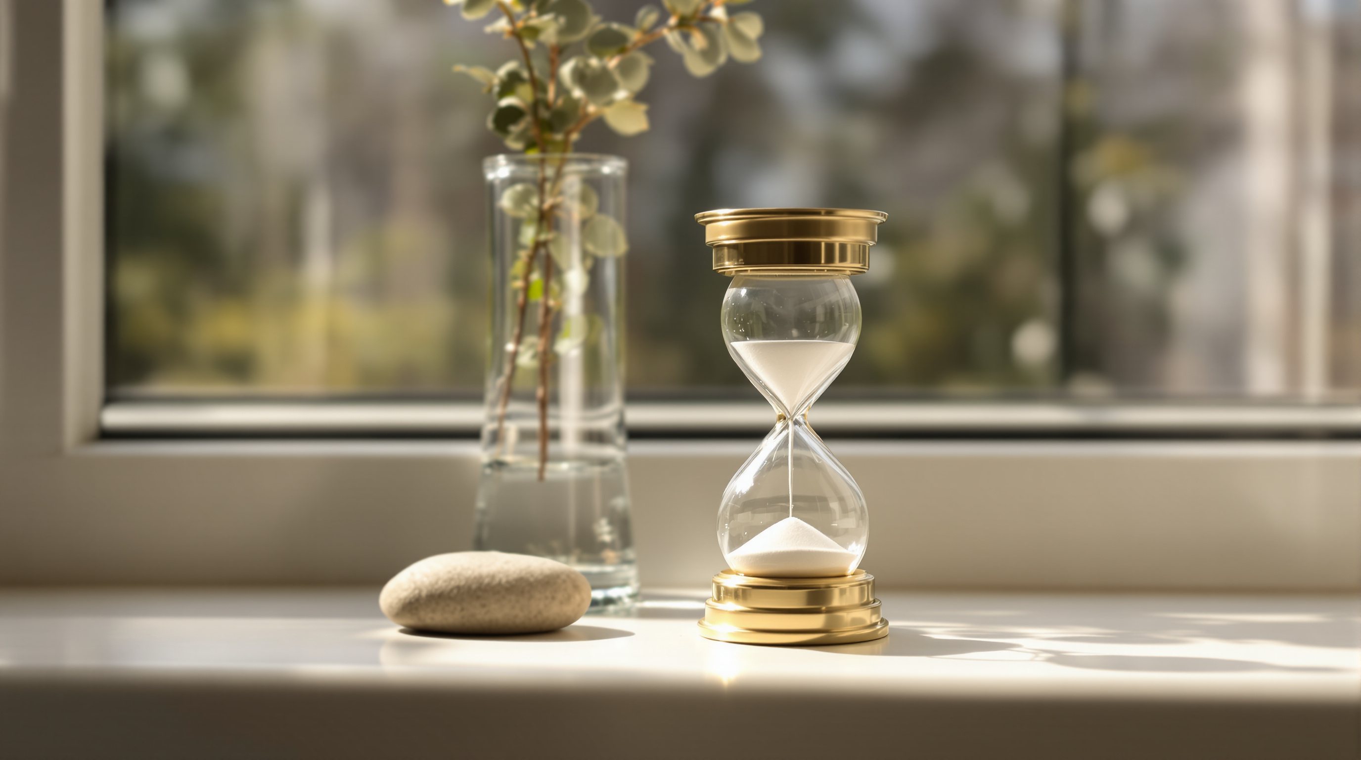A small brass sand timer mid-flow on a sunlit windowsill beside a smooth stone, the shape of a short daily practice session
