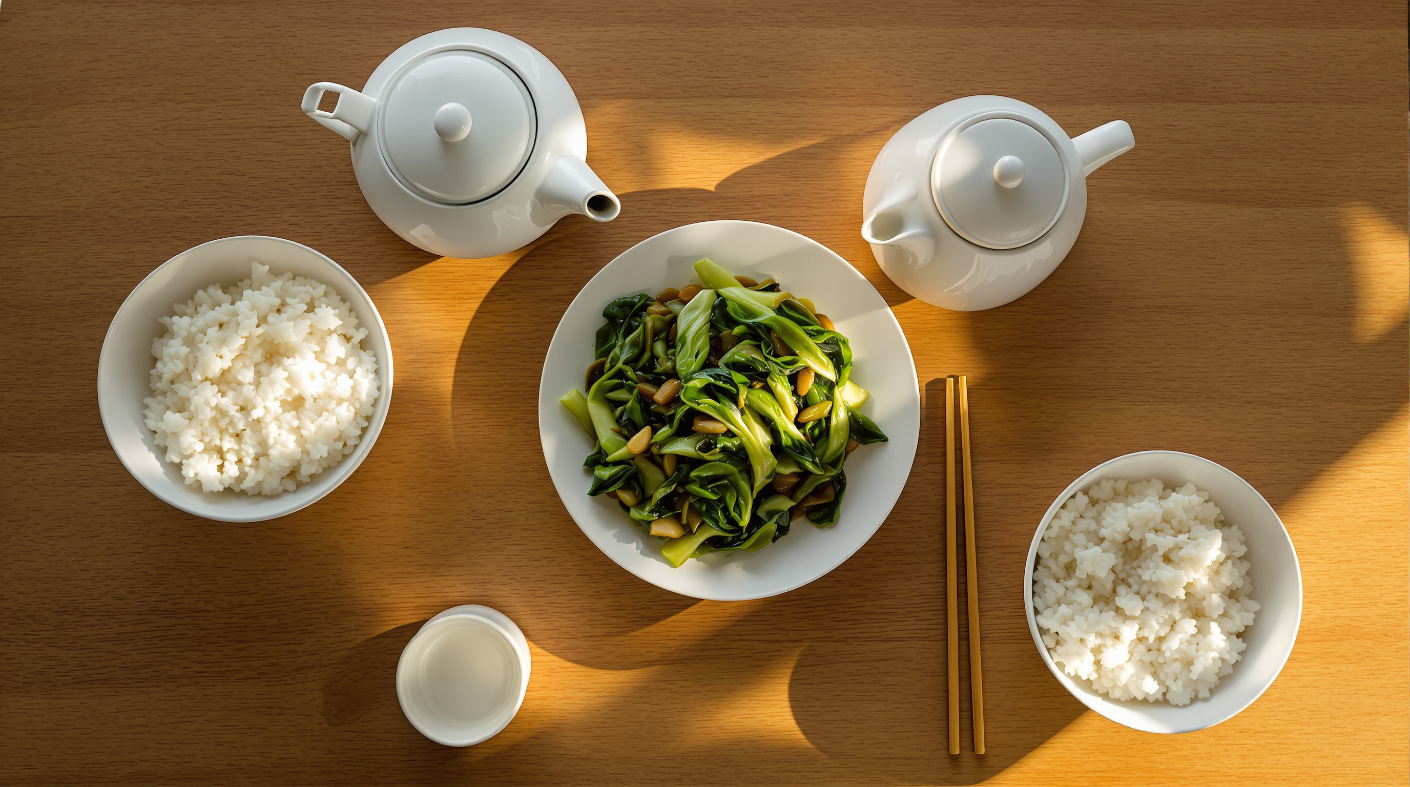 A home dinner table seen from above in warm evening light: two bowls of rice, a plate of stir-fried bok choy, two white teapots, a small cup and a pair of wooden chopsticks