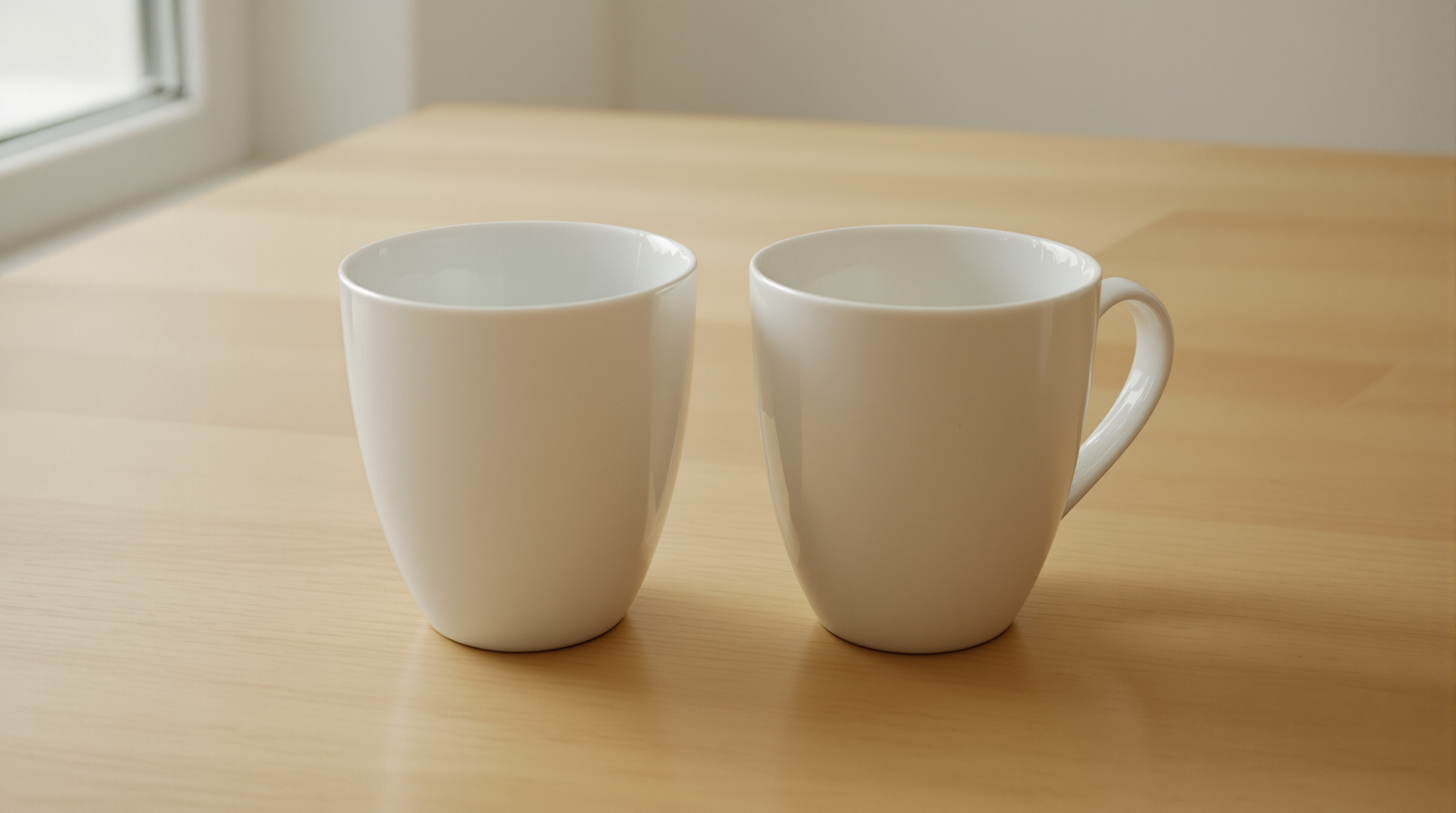 Two near-identical white porcelain cups side by side on a pale oak table, one with a handle and one without
