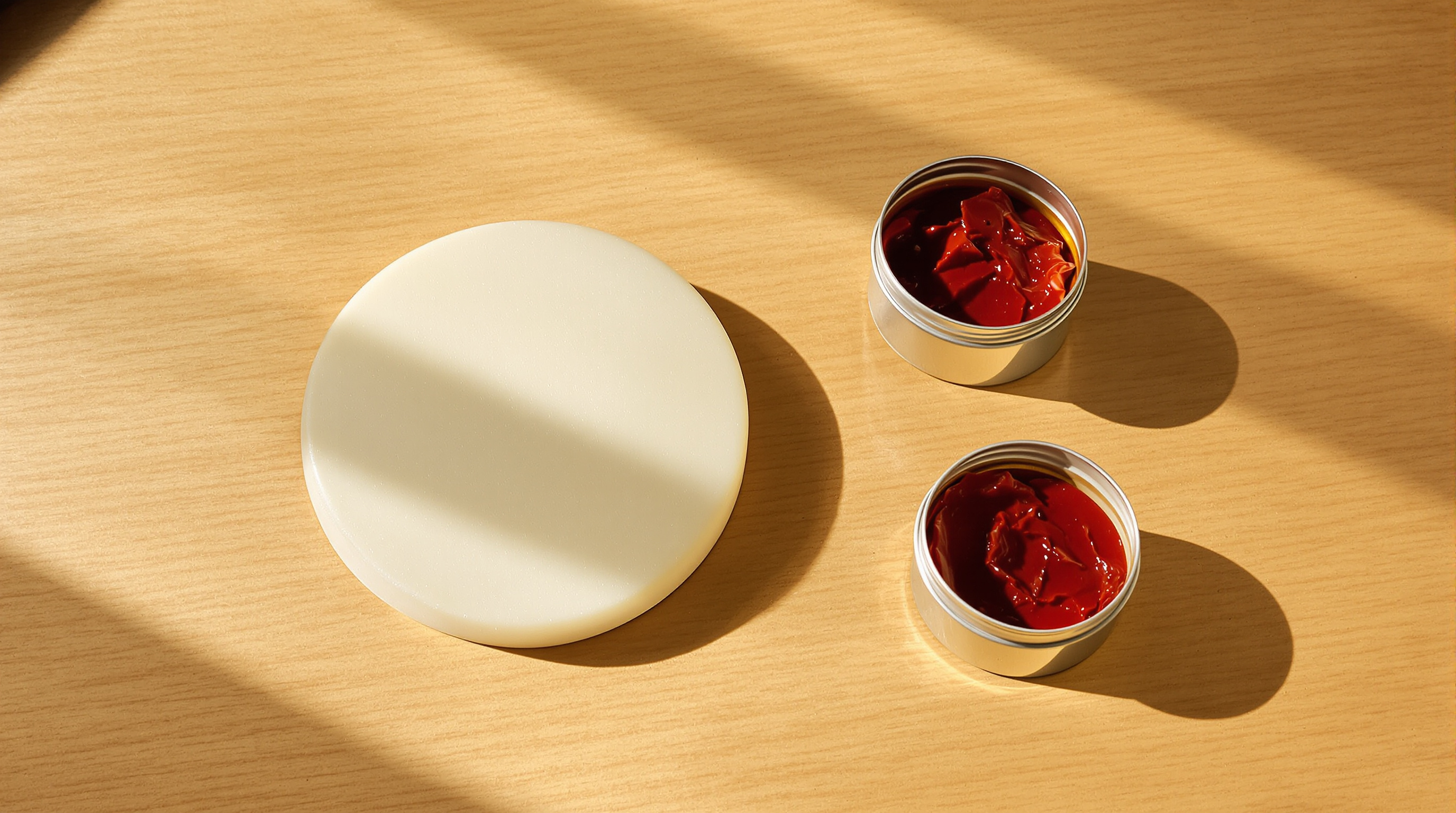 A smooth pale stone disc on a pale oak table beside two open tins of red cinnabar paste, in warm morning light