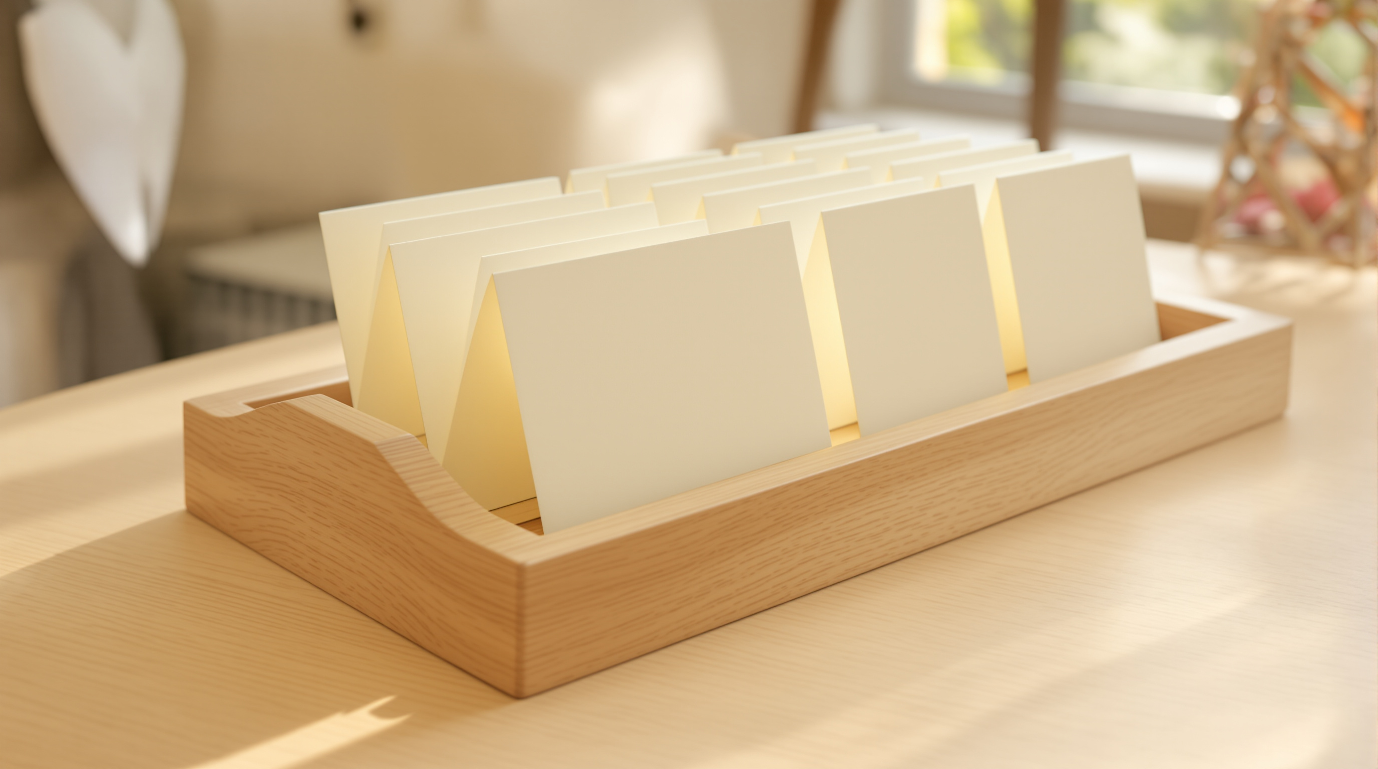 A shallow wooden card tray on a pale oak table holding a row of blank cream cards, in warm morning light
