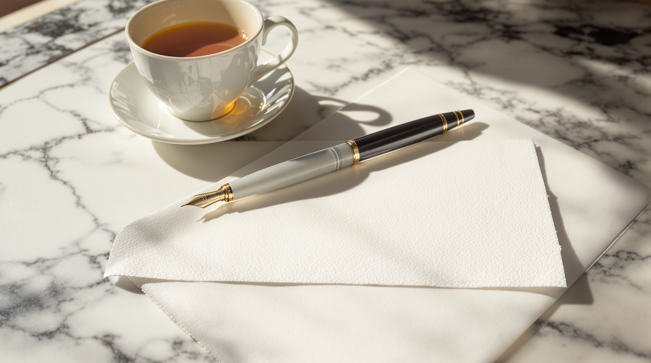A fountain pen resting on a folded blank paper napkin beside a small cup of tea on a marble table in warm afternoon side light
