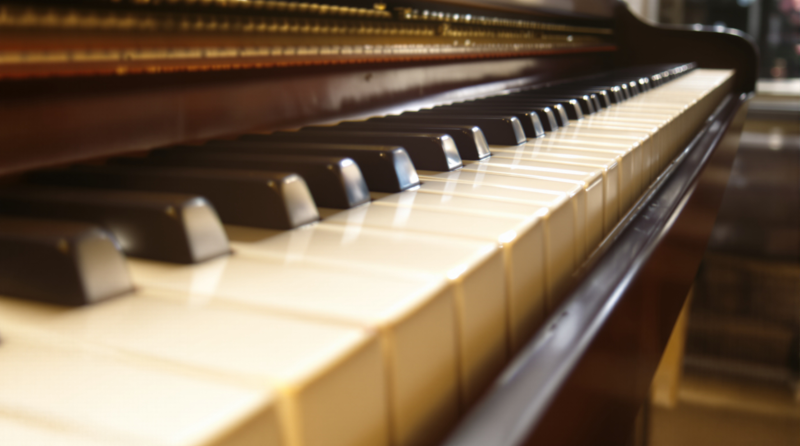 A close view along the white and black keys of an upright piano, warm afternoon sunlight falling down the row