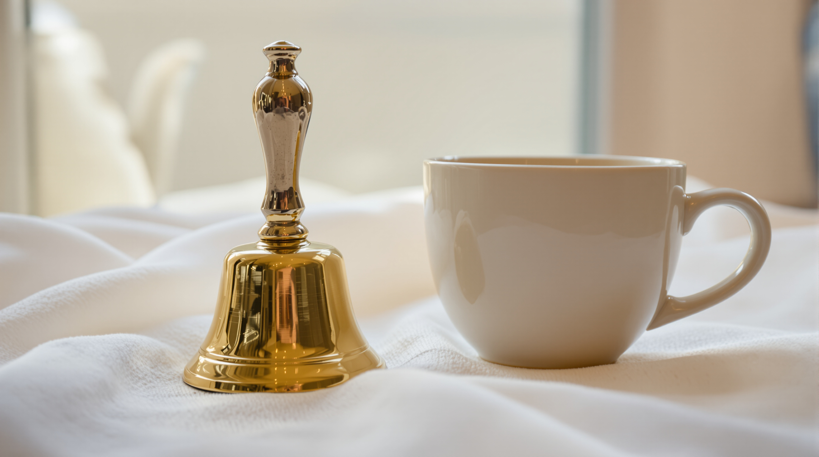 A small brass handbell and a plain cream teacup side by side on a white linen cloth in bright window light