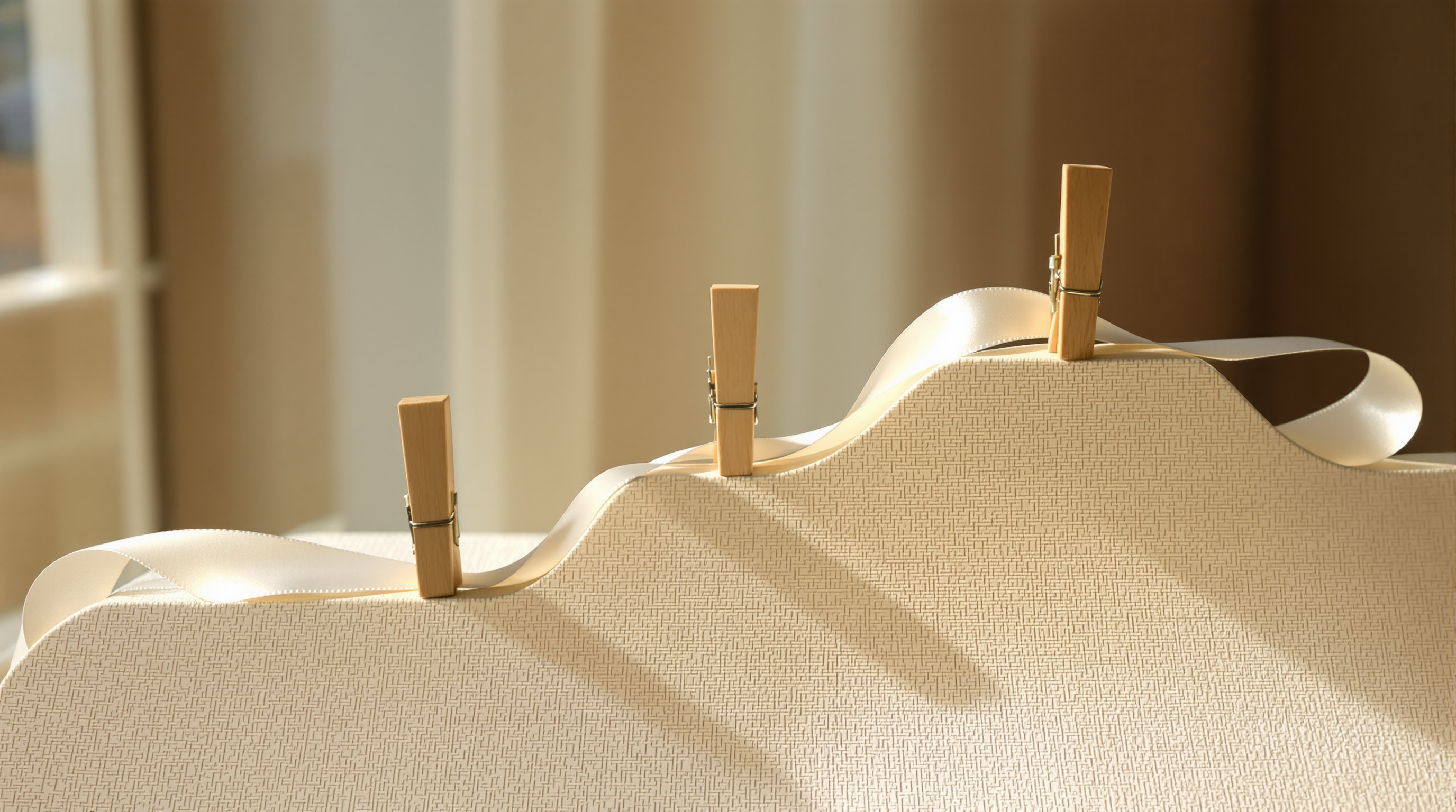 A pale satin ribbon looping over three wooden pegs along a linen-covered edge in warm afternoon light