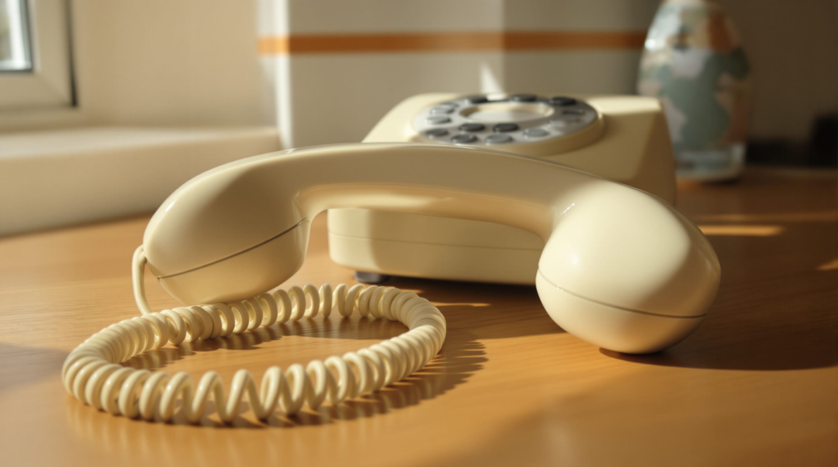 A cream desk telephone with the handset lying off its cradle, its coiled cord curled on the oak desk in warm afternoon light