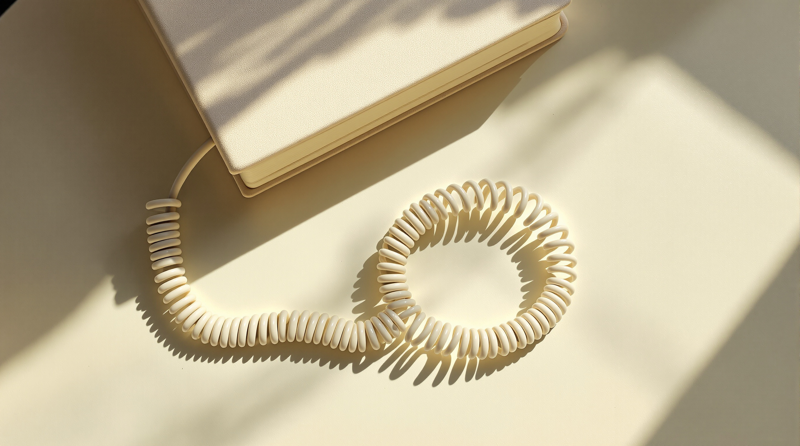A coiled telephone cord on a pale desk beside a closed notebook, soft window light from the right