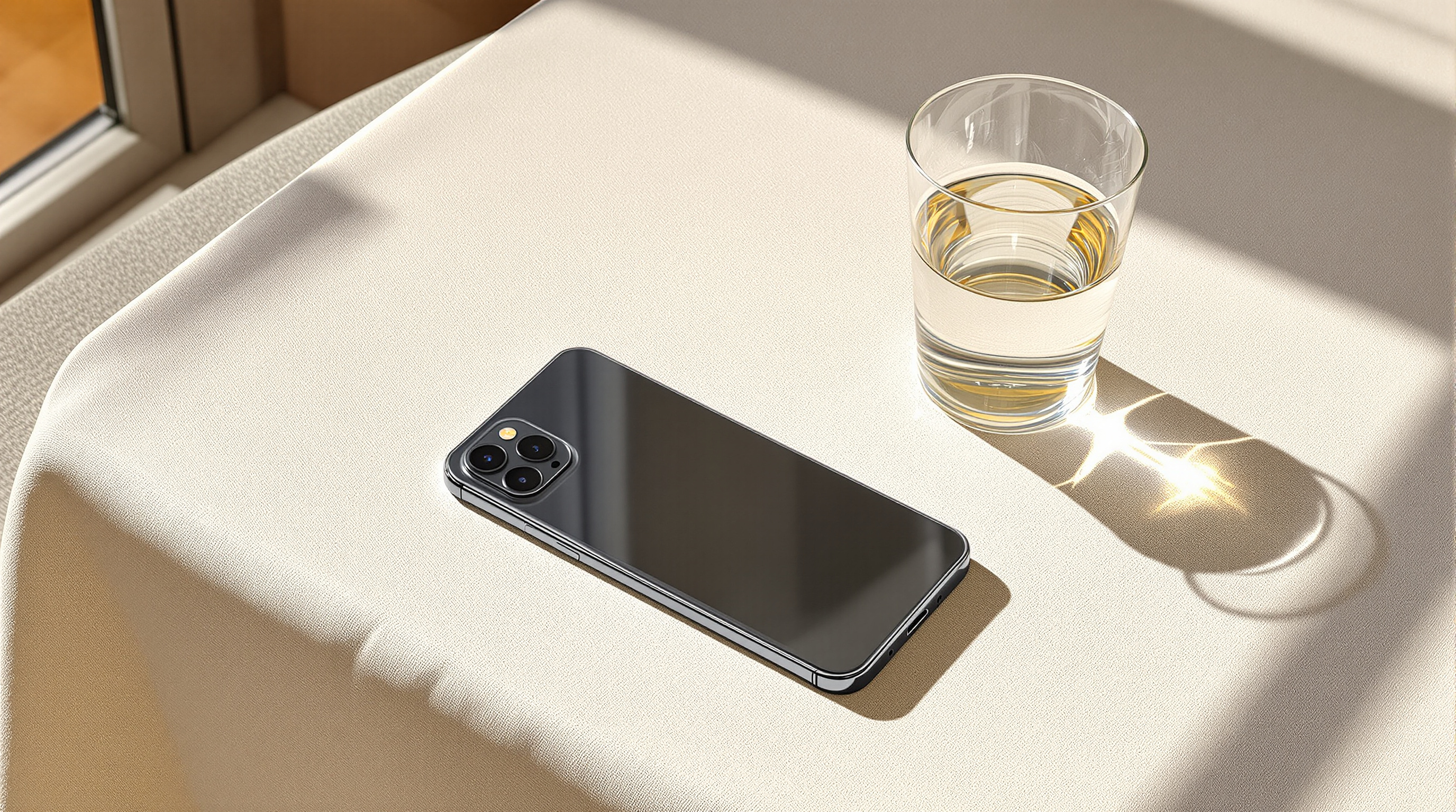 A smartphone lying face down on a linen tablecloth next to a half-full glass of water in warm daylight
