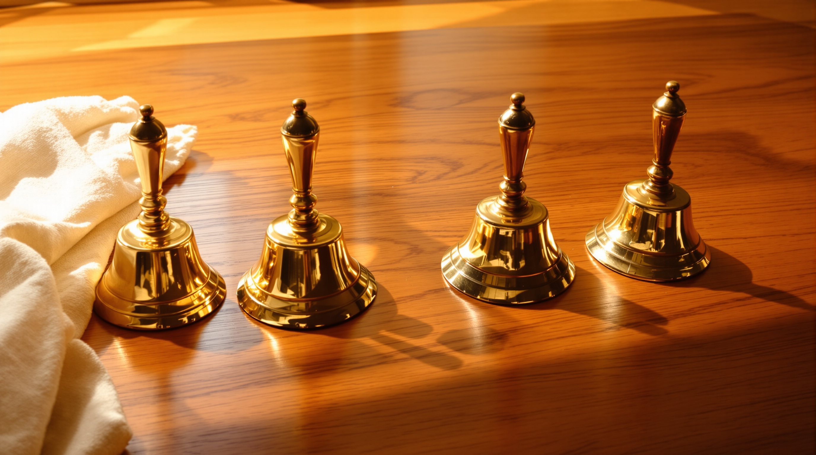 Four brass hand bells of matching size standing in a row on a sunlit teak table beside a folded cream cloth